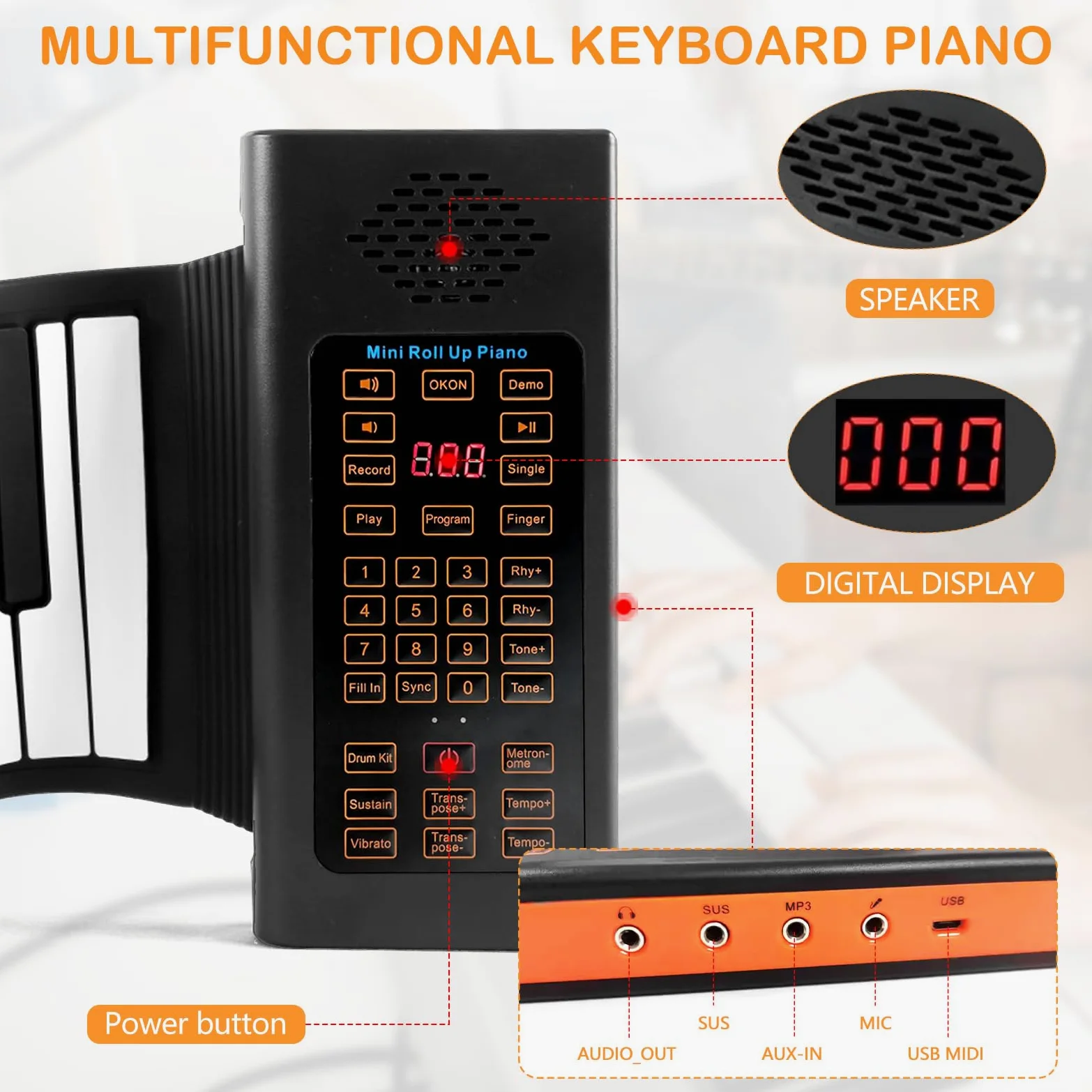 88 Tasti Tastiera Pianoforte Arrotolabile, Pianoforte Elettronico Portatile con 128 Ritmi Toni, 20 Demo, Funzione MIDI,Ricaricabile Rollup Pianoforte Pieghevole per Bambini Principianti Adulti