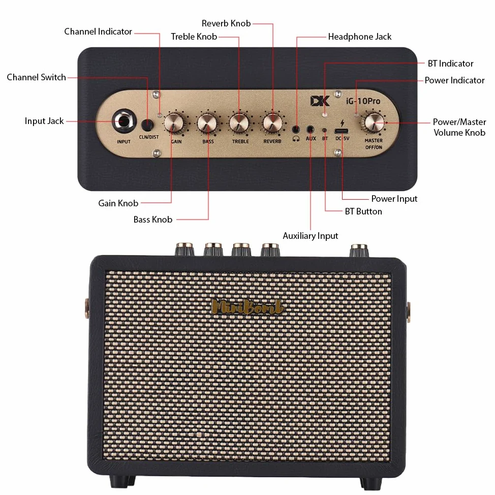 Btuty DK Amplificatore per chitarra elettrica trasparente/distorto a doppio canale effetti di riverbero e ritardo integrati Altoparlante portatile per esercitazioni quotidiane Prestazioni di strada