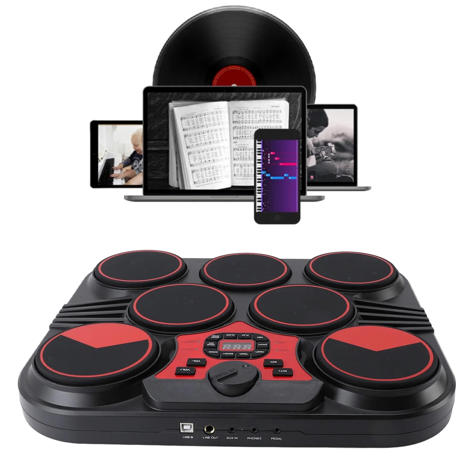Set di batteria elettronica 7 pad, pad per batteria elettrica da tavolo, ritmi multisuono con batteria ricaricabile USB, kit di batteria digitale portatile per professionisti