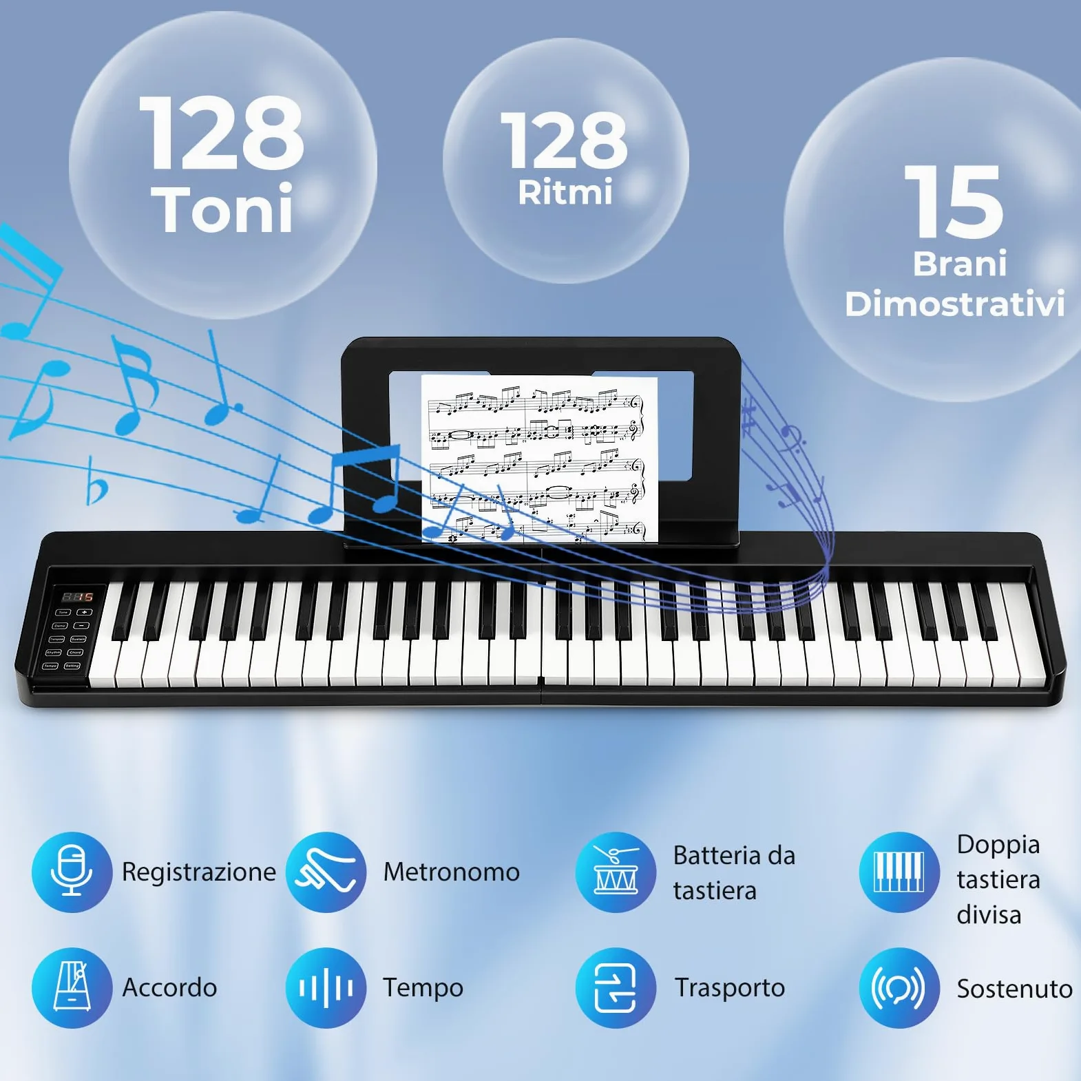RELAX4LIFE Tastiera Pianoforte Digitale 61 Tasti, Pieghevole Portatile con Custodia, Bluetooth MIDI/Audio, Tasti Sensibili, Batteria 1750mAh, per Principianti Bambini Adulti