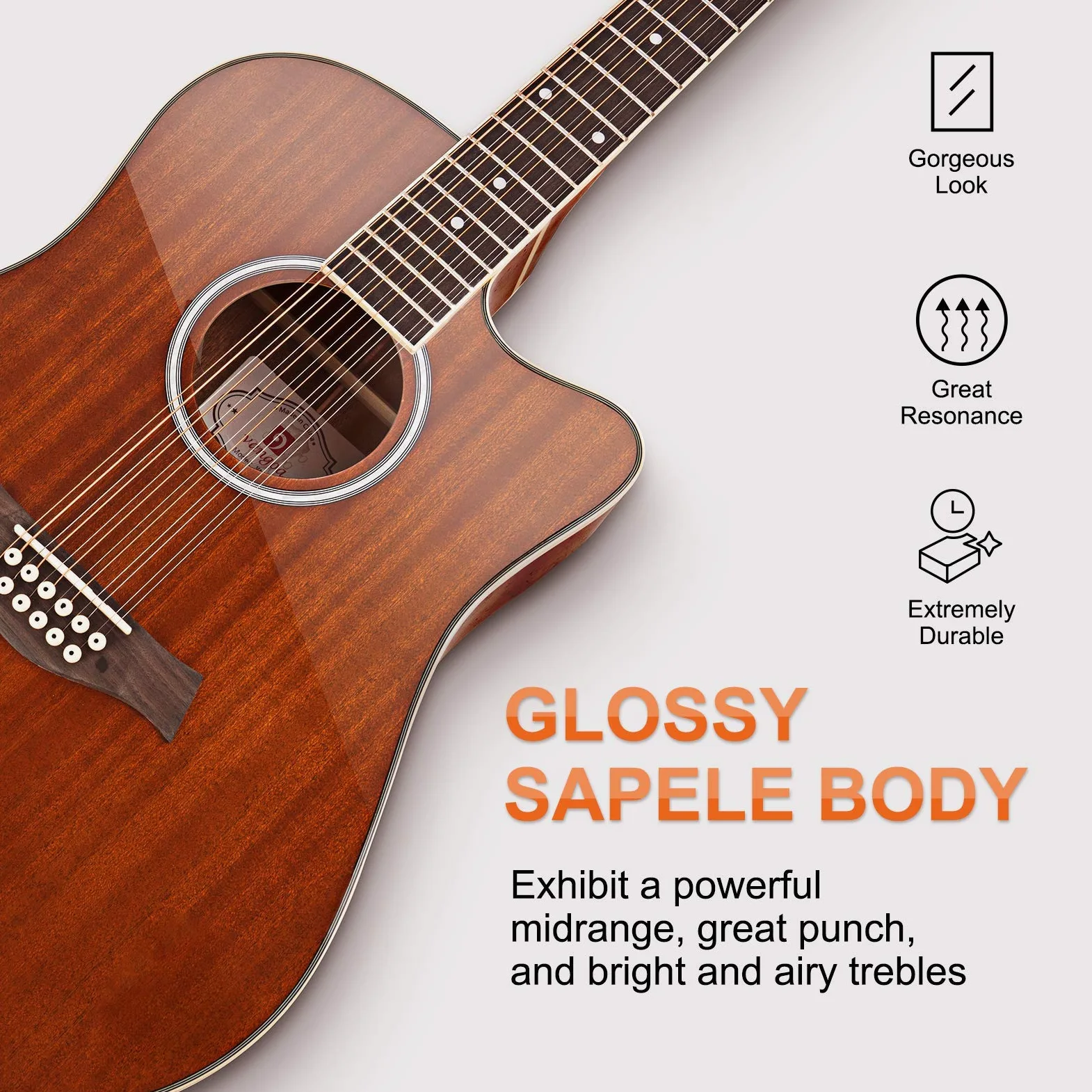 Vangoa Marrone Chitarra Acustica Elettrica a 12 Corde, Corpo in Sapele, Kit di Base Aggiornato