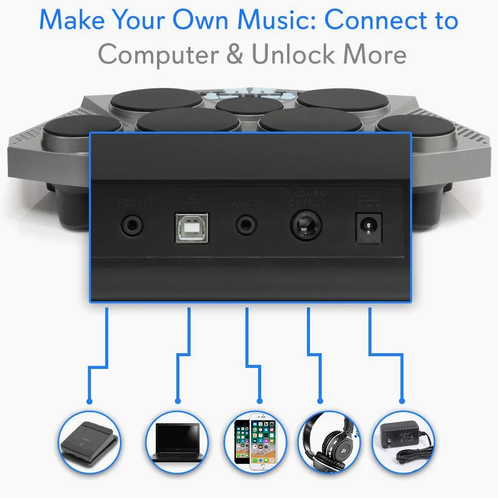 Pyle Pro Electronic Drum Kit - Batteria elettrica portatile da tavolo con pannello digitale, 7 pad per batteria, controller per pedale Hi-Hat/Kick Bass USB AUX - Tom-Toms, Hi-Hat, rullante, piatti