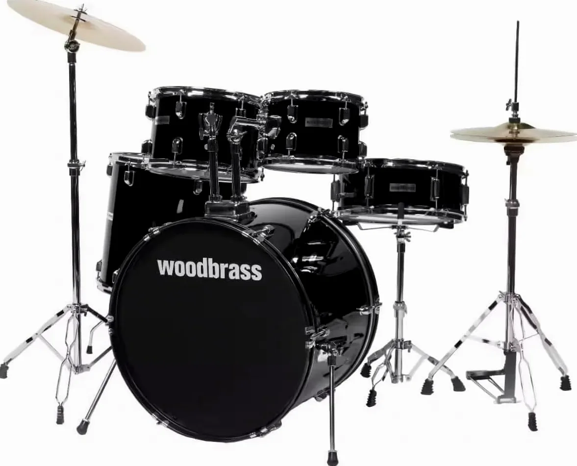 Woodbrass AD100 - Batteria nera lucida, ideale per principianti, pronta all'uso, accessori inclusi - Kit batteria acustica completa fusti di pioppo