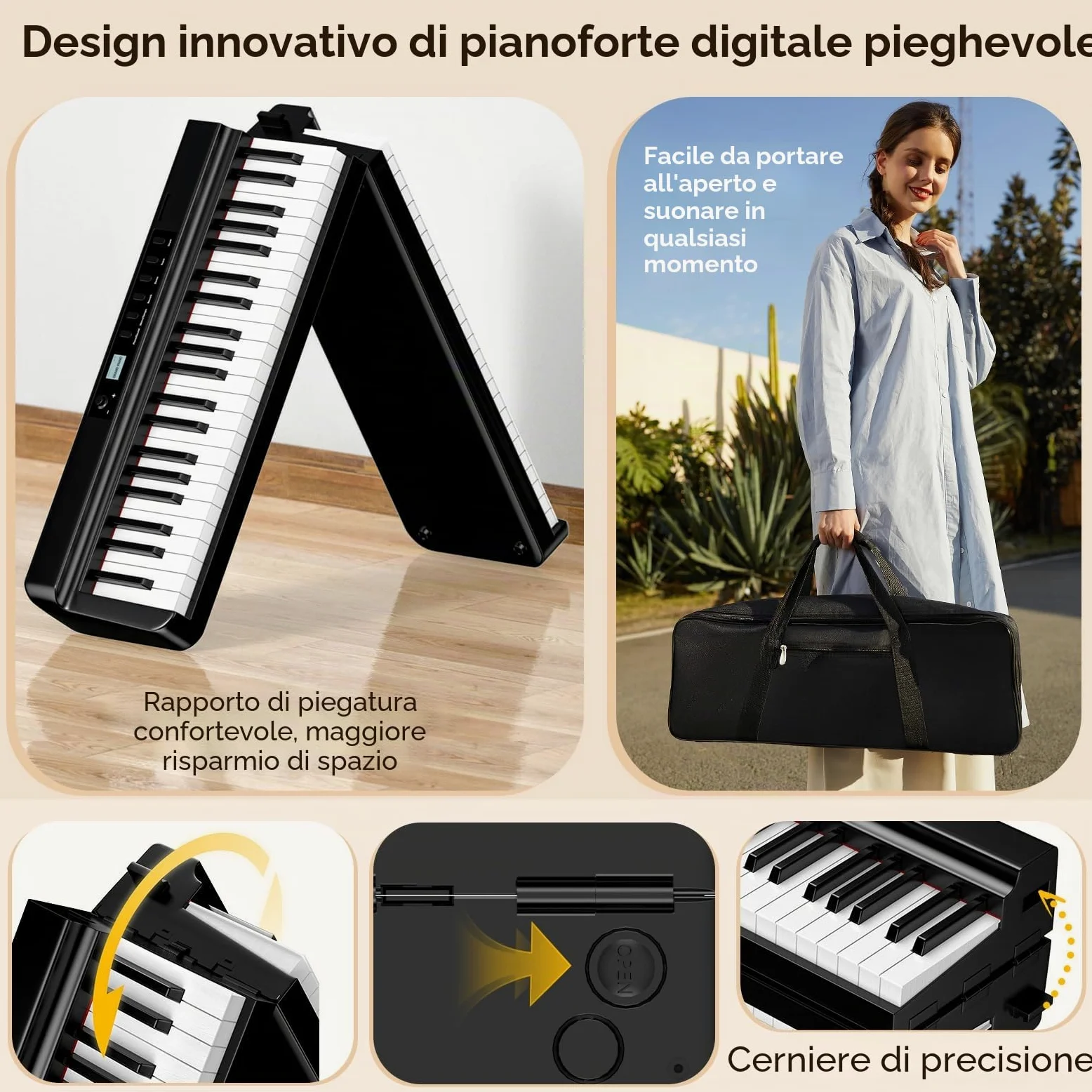 TERENCE Pieghevole Pianoforte Digitale 88 Tasti pesati con batteria da 2000 mAh Altoparlanti 2x25W Bluetooth e interfaccia MIDI supporto per spartiti Borsa adesiva Cavo audio con Pedale di sostegno
