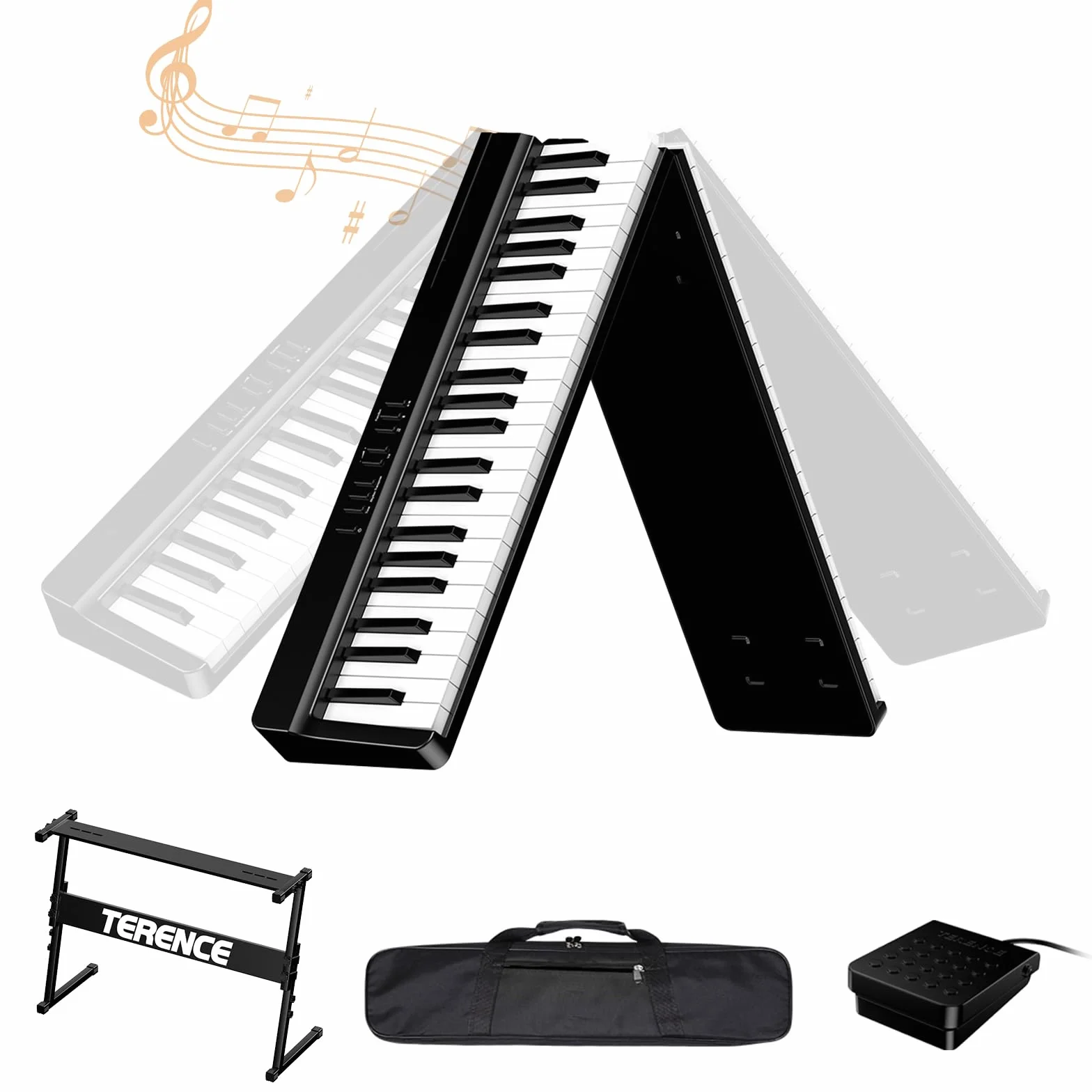 Pianoforte digitale portatile con supporto a Z TERENCE, tastiera per pianoforte semi-pesata a 88 tasti per principianti ed esperti funzione di registrazione audio integrata interfaccia MIDI Bluetooth