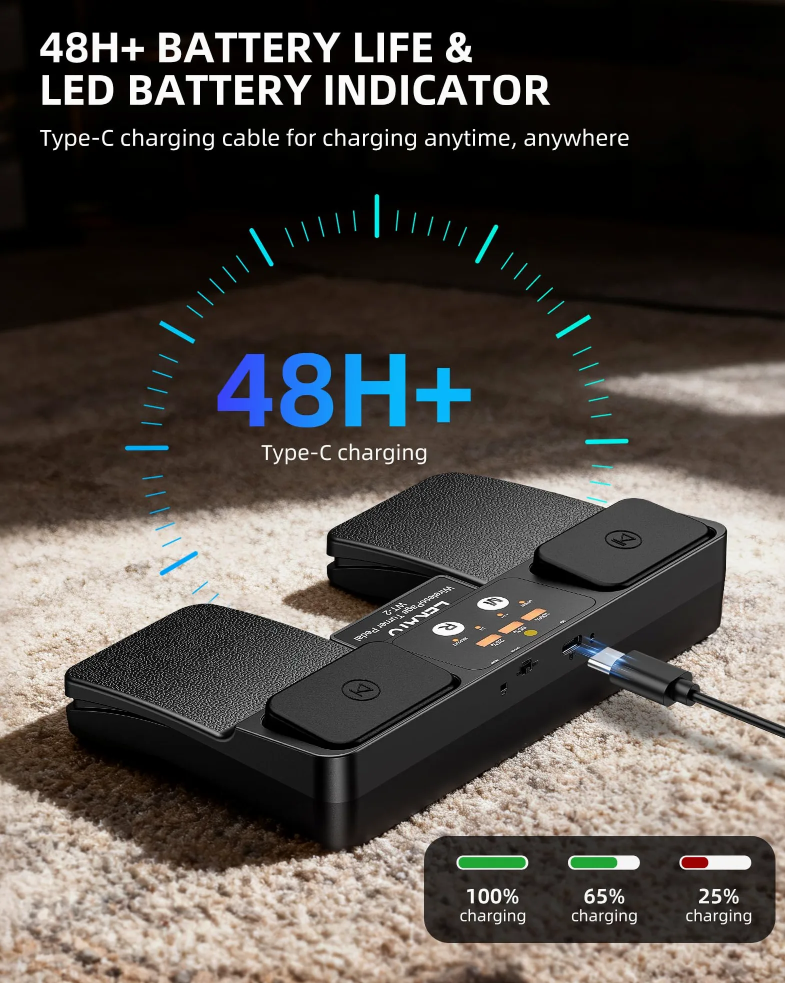 LEKATO Pedale Bluetooth Page Turner con controllo backing track e indicatore batteria, pedale wireless ricaricabile per spartiti, smartphone, tablet e lezioni musicali (WT-2)