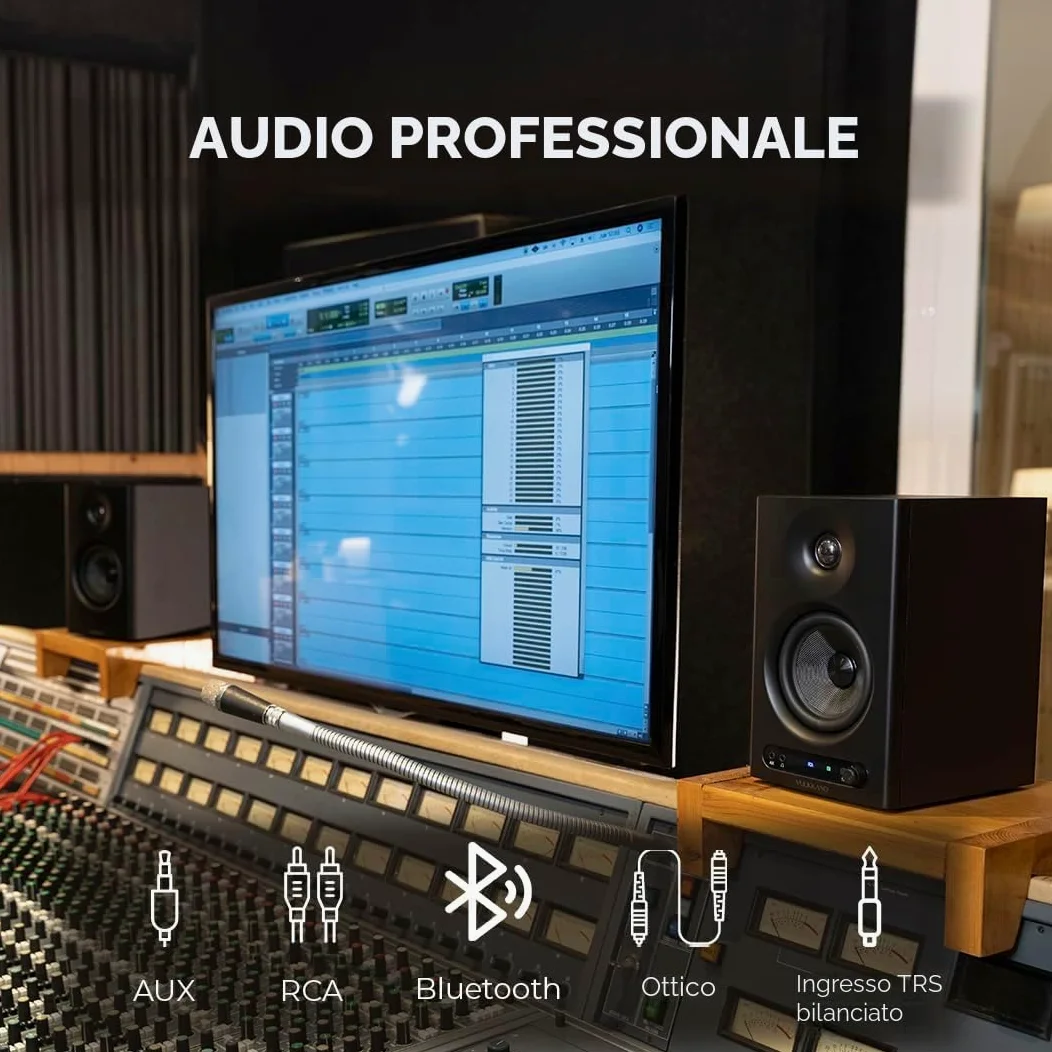 VULKKANO PRO4 Casse Monitor Studio con Woofer da 4”, Bluetooth, Ingresso Bilanciato TRS, RCA, Uscita per Cuffie, AUX, Ottica, Regolazioni EQ, Casse per PC