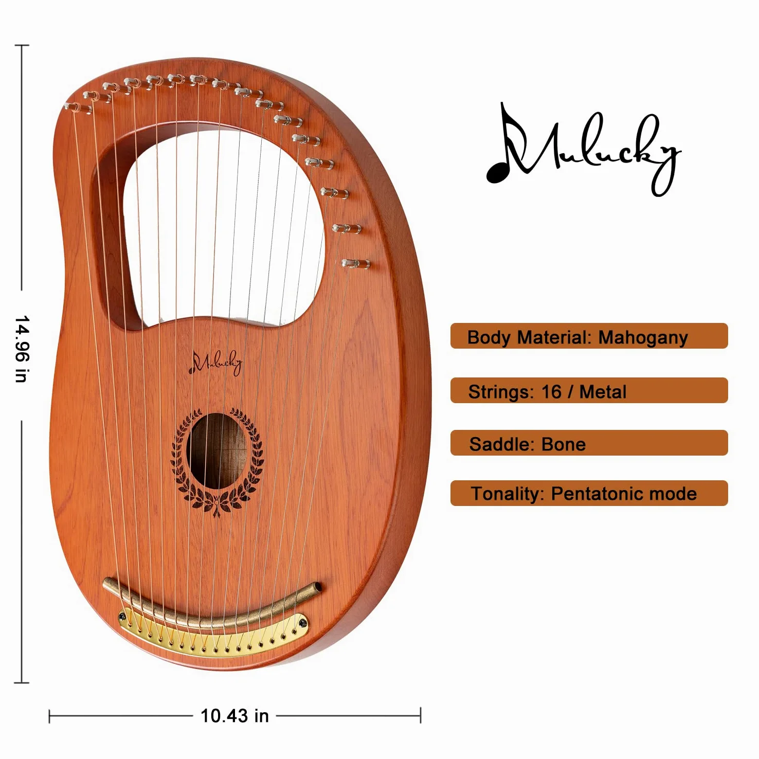 Lira Arpa Mulucky 16 Metallo Acciaio Corda Bone Saddle Mogano Strumento Lira Strumento con Chiave di Accordatura e Nero Gig Bag – MLH1601