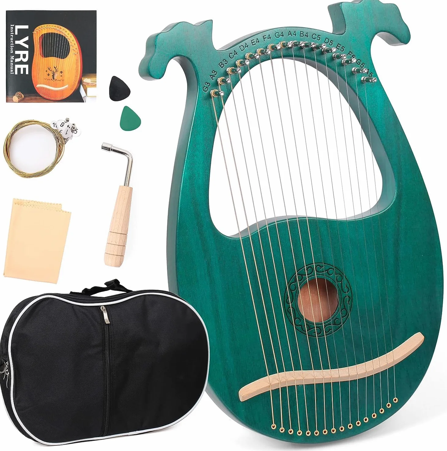 Arpa Lira 16 Corde In Mogano Arpa Piccola Strumento Musicale Lyres Lyre Harp Con Chiave Di Tunning, Tutorial Musicale, Corda di Ricambio, Plettri, Panno di Pulizia, Verde, con Corna