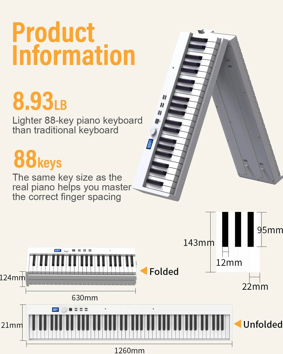 Piano con 88 tasti, pianoforte pieghevole con schermo LCD e tasti semi-ponderati, supporto MIDI Bluetooth, tastiera digitale con tasca per pianoforte, regalo di compleanno (bianco)