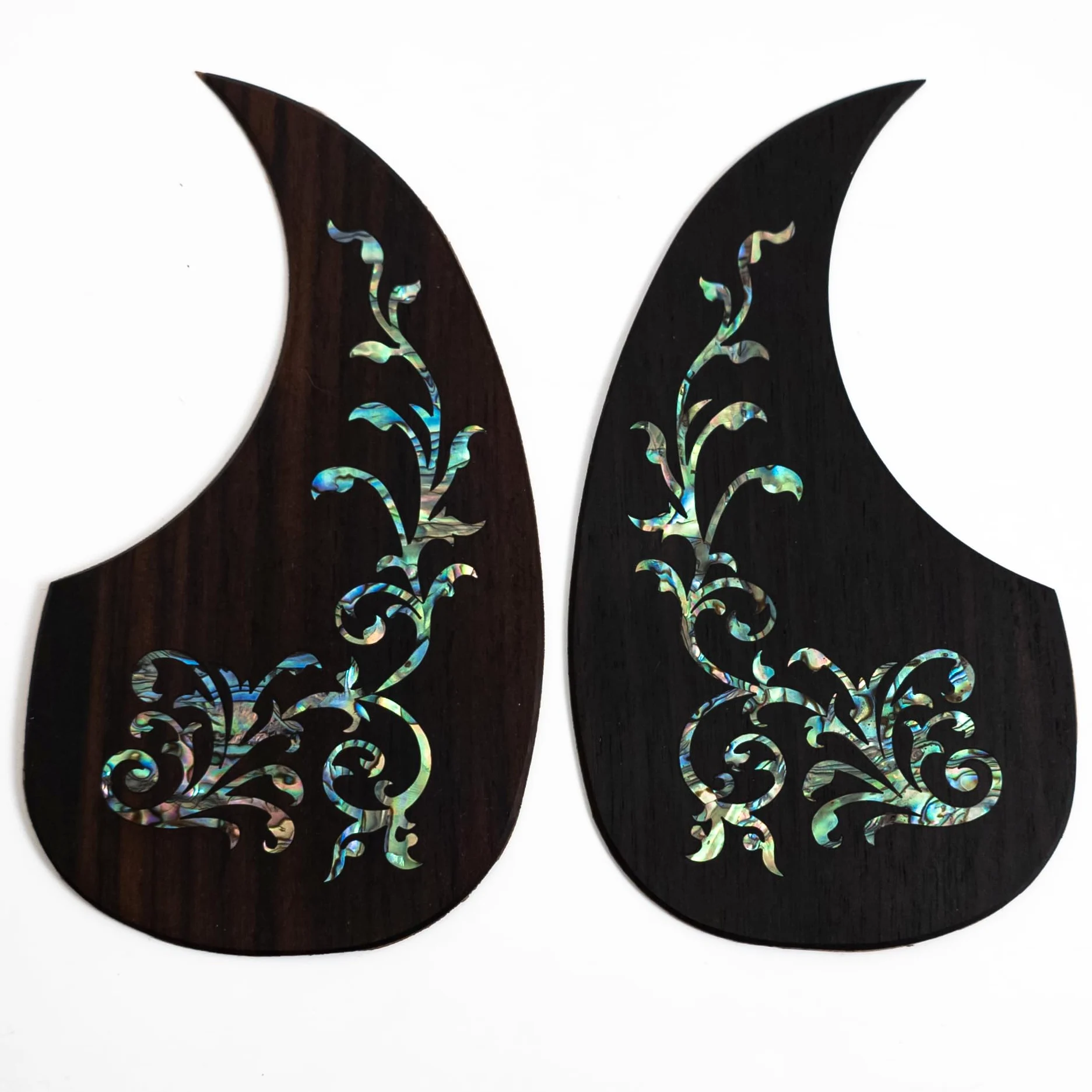 Battipenna in palissandro per chitarra acustica stile Martin D45, intarsio in vero abalone aurora, retro autoadesivo 3M, piastra antigraffio con bordo smussato, set completo (sinistra e destra)