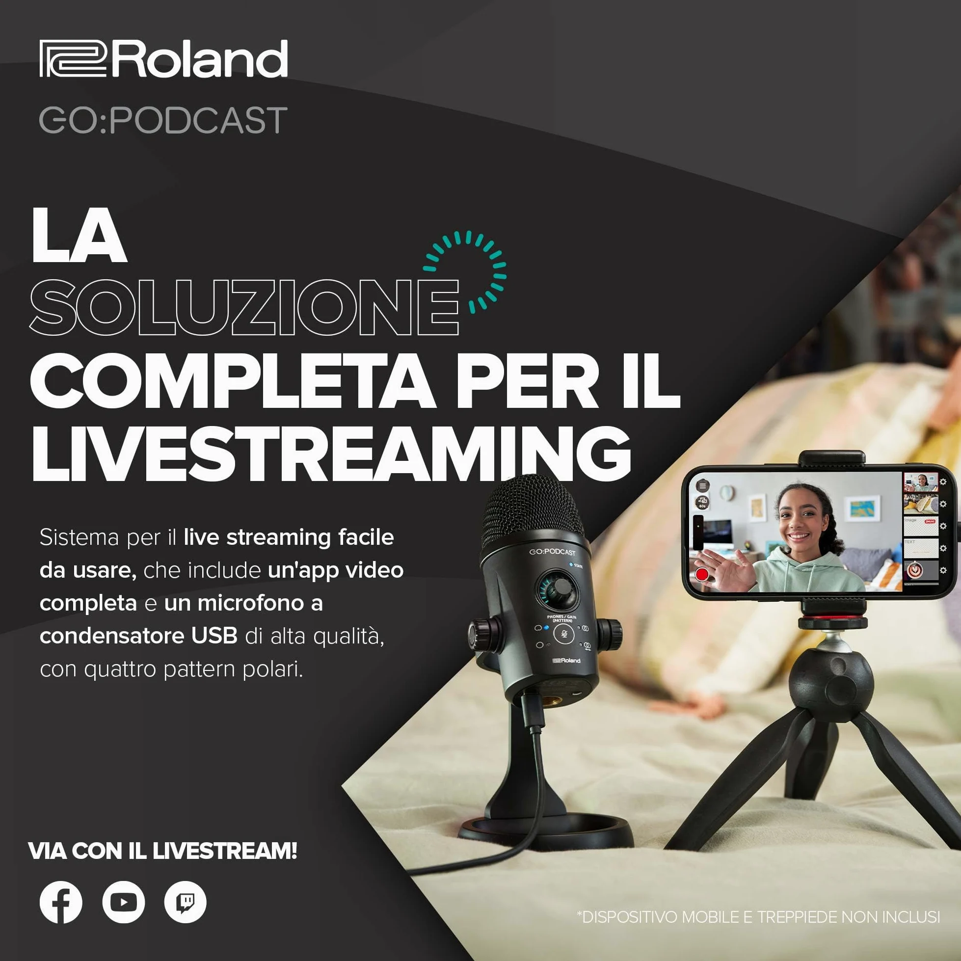 Roland GO:PODCAST Video Podcasting Studio per Smartphone | Sistema per il Livestreaming, Facile da Usare, per Podcaster, Vlogger e Altro | Video App Intuitiva | Microfono USB di Alta Qualità