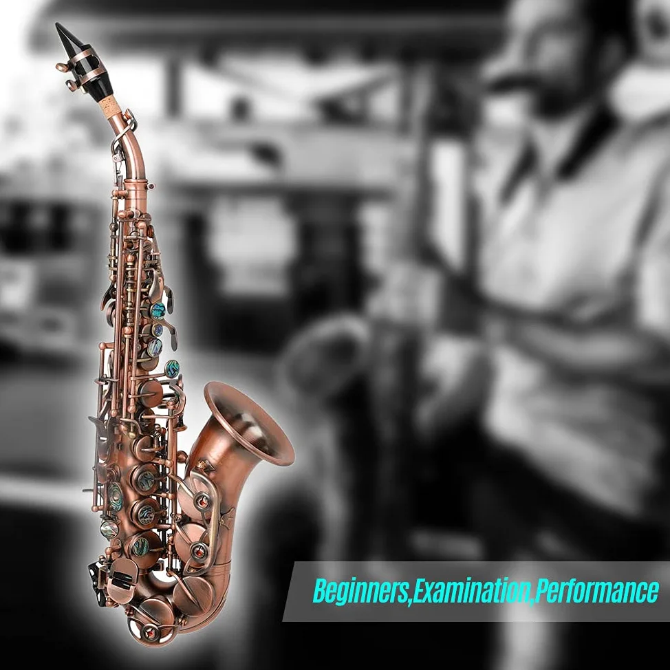 Sassofono soprano,Rosso antico sassofono soprano chiave in Sib Strumento a fiato in ottone Materiale con custodia per il trasporto Supporto per sax Reed Guanti per pulizia Spazzola per stoffa Ci
