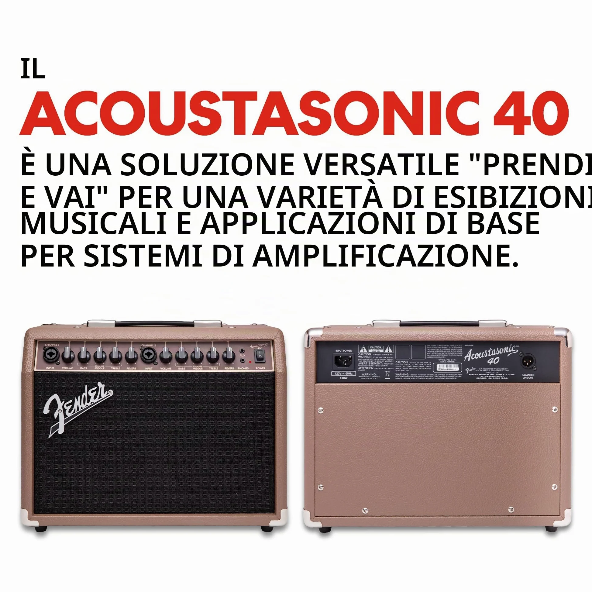 Fender Acoustasonic - Amplificatore per chitarra acustica, 40 Watt, portatile, con doppio altoparlante da 6,5", riverbero integrato, ingressi XLR/1/4", marrone/grano, con garanzia di 2 anni