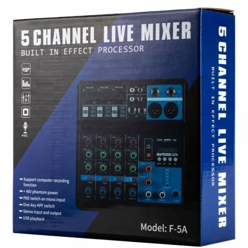 audio DJ mixer soundboard a 5 canali 48 V alimentazione phantom con Bluetooth USB MP3 Stereo Live DJ Studio Streaming per registrazioni professionali feste sul palco KTV