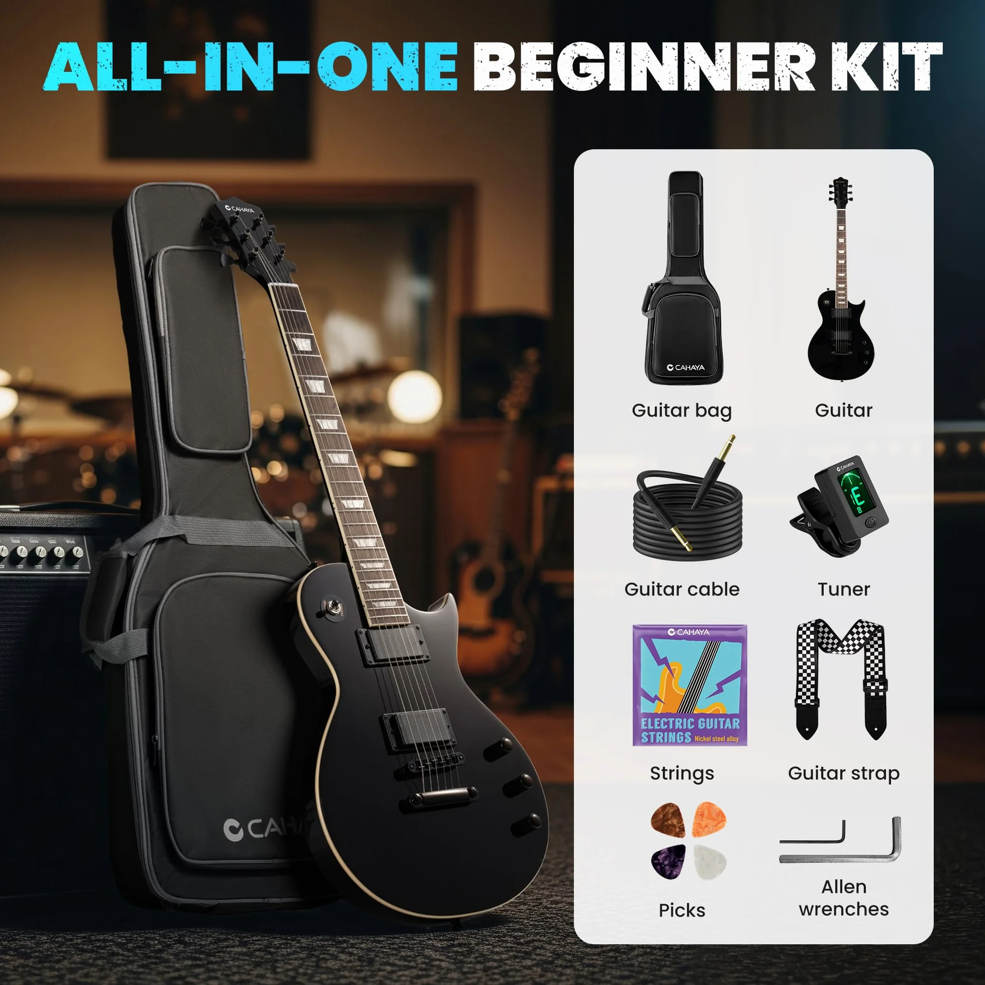CAHAYA LP Kit Chitarra Elettrica: Chitarra 39" Full Size per Principianti con Corpo in Okoume Massiccio, 2 Pickup Humbucker, Manico in Acero, Borsa, Tracolla, Cavo per Adulti e Ragazzi - Nero