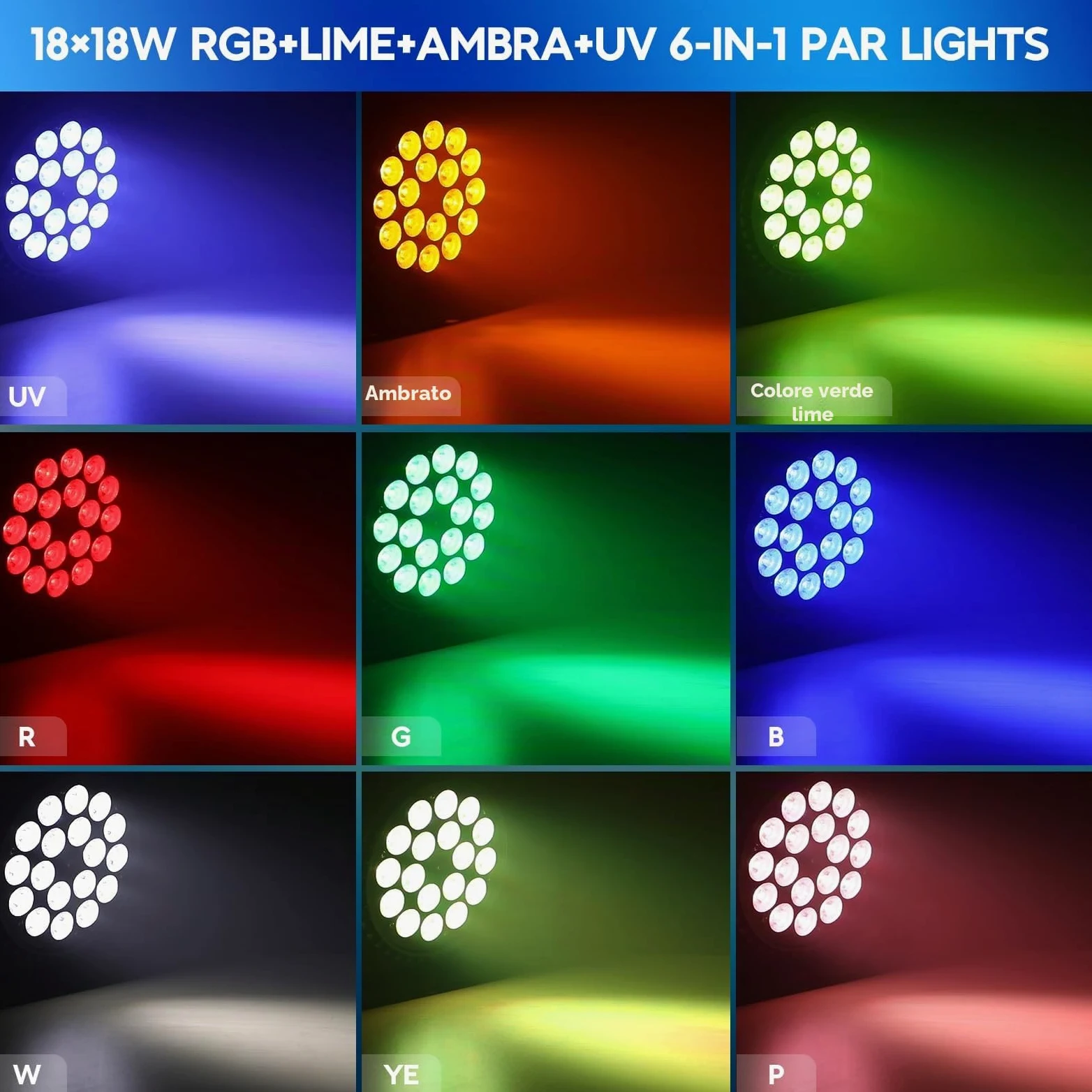 BETOPPER PAR LED 18×18W, 6-in-1 RGB+Ambra+ Lime+UV Luci Discoteca(CRI/RA>95), Luce Nera Strobo/Wash, DMX512/Auto/Suono/Master-Slave, per DJ, Feste, Matrimoni, Club (1)