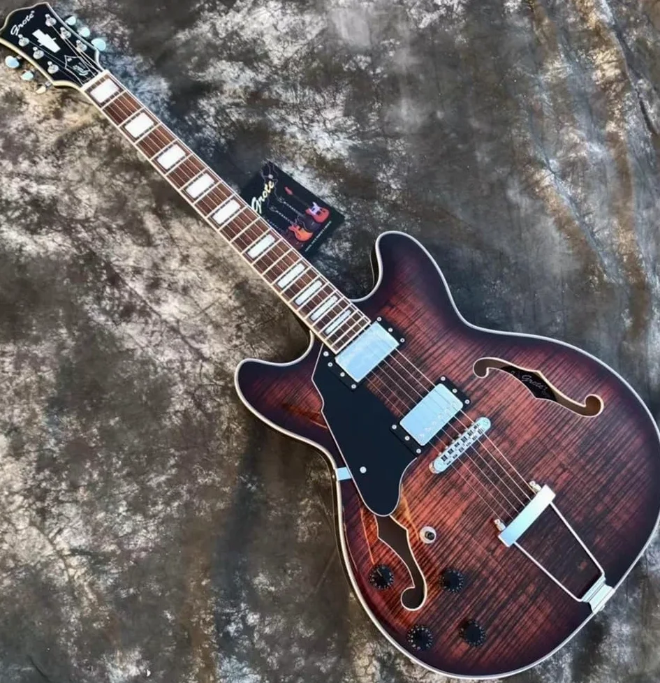 Chitarre elettriche Jazz Lefty classiche personalizzate Chitarra elettrica personalizzata for mancini con foro F a corpo cavo