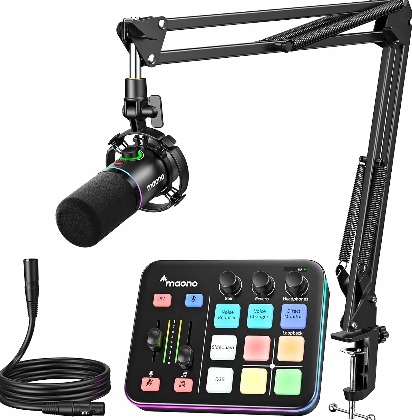 MAONO Mixer audio da gioco e interfaccia audio con microfono dinamico XLR, interfaccia XLR, RGB, Bluetooth – per streaming live e podcasting & gaming (MaonoCaster G1 NEO + PD200XS)
