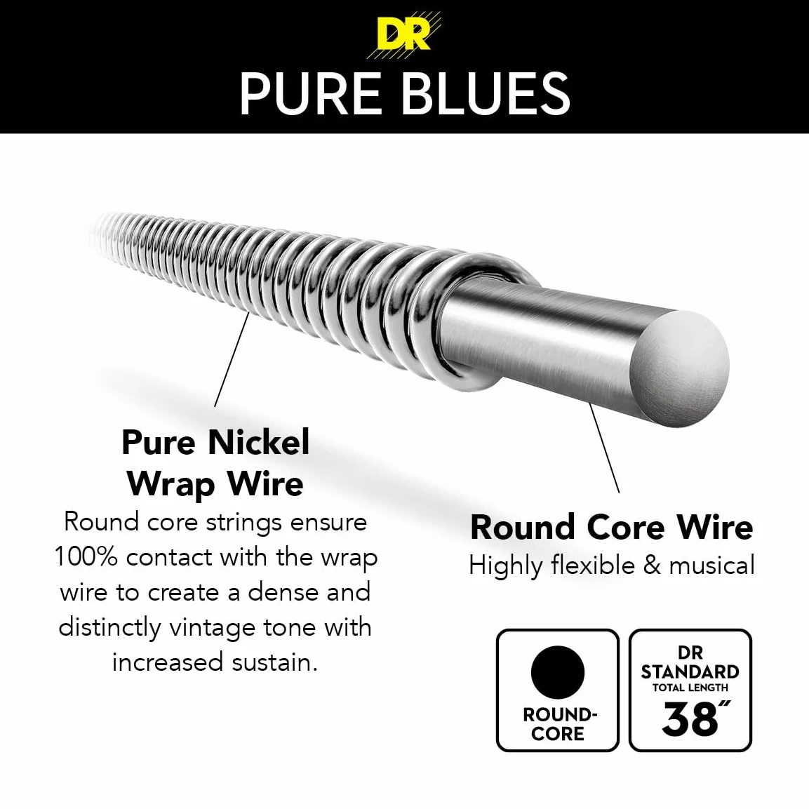 DR Strings Pure Blues (PHR-11-6PK) - Confezione da 6 corde per chitarra elettrica, in nichel puro, nucleo rotondo, Heavy 11-50, realizzate a mano negli Stati Uniti