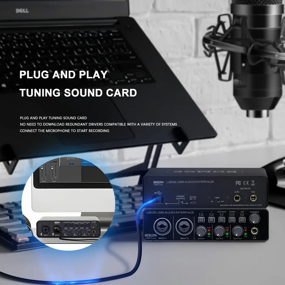 BOMGE U202 Interfaccia Audio USB con Preamplificatore Microfono Porte XLR/TSR/TS, 48V, Risoluzione 32-Bit/192kHz per Registrazione su Computer, Streaming, Podcasting