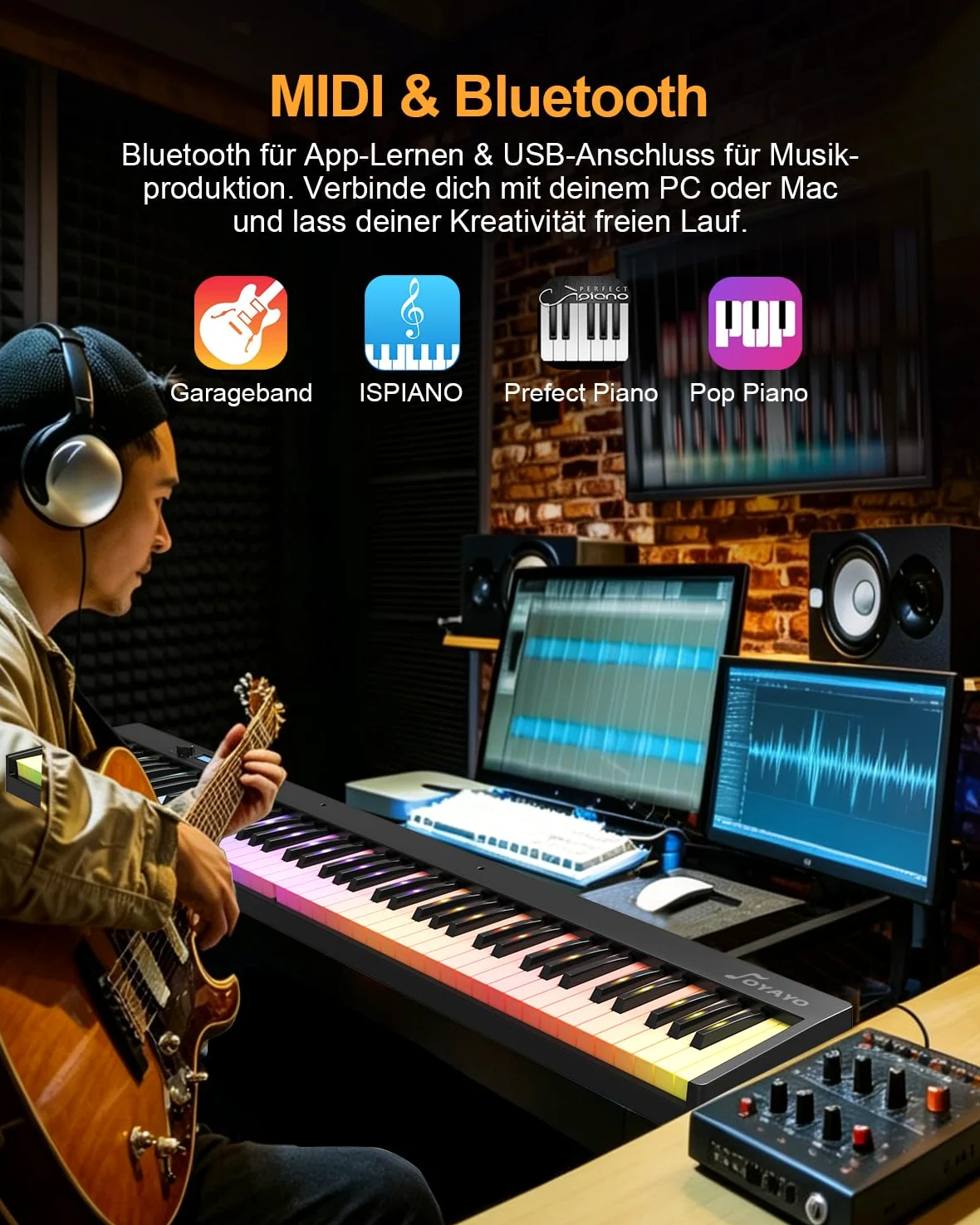 Pianoforte digitale pieghevole, 88 tasti, tastiera semiponderata con tasti luminosi colorati, Bluetooth MIDI E, tastiera portatile per principianti, adulti e bambini