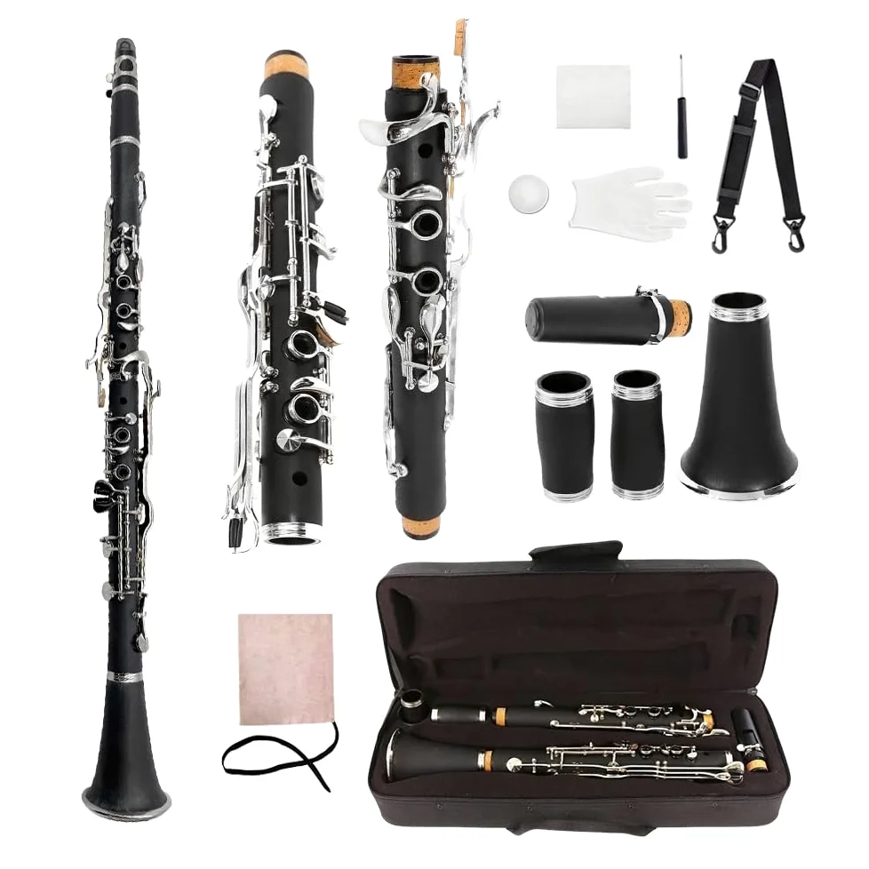 Yinfente Clarinetto professionale in legno di ebanite con chiave sol, piatto, 2 barili, con custodia, accessori per ance (tasto G)