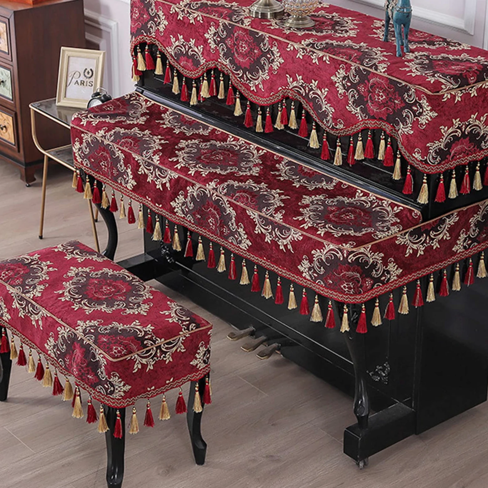 Coperture in Tessuto Poncho per Pianoforte, Mezza Copertura per Pianoforte alla Moda di Lusso, Copertura per Tastiera Elettronica per Pianoforte,Red