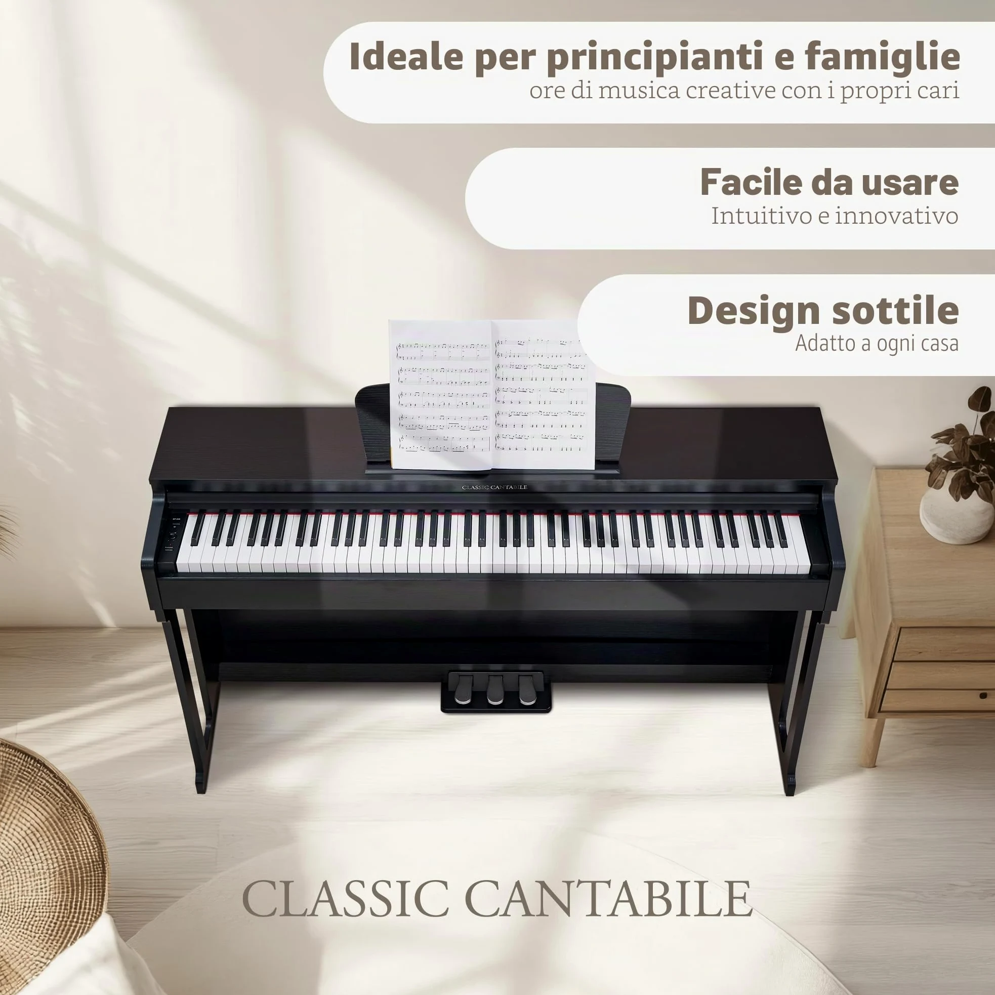 Classic Cantabile DP-220 SM E-Piano Nero Opaco, Polifonia a 64 voci | 88 tasti pesati con meccanica a martello, Dinamica di tocco regolabile su 5 livelli, 10 demo-song interni, 20 suoni, Soft