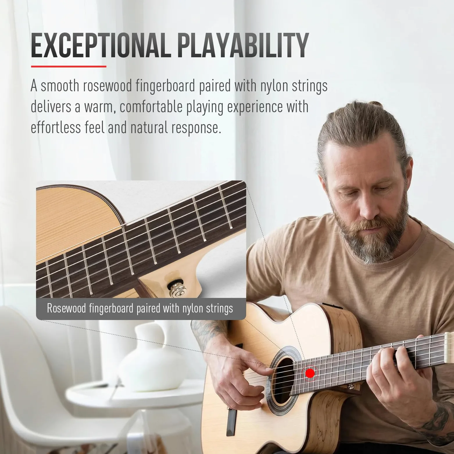 SONICAKE 39" Chitarra Acustica Elettrica Crossover | con Accordatore, Pickup e Preamp, Top in Abete Massello, Corpo in Acero Marmorizzato, EQ a 3 bande, Corde in Nylon QGT-30