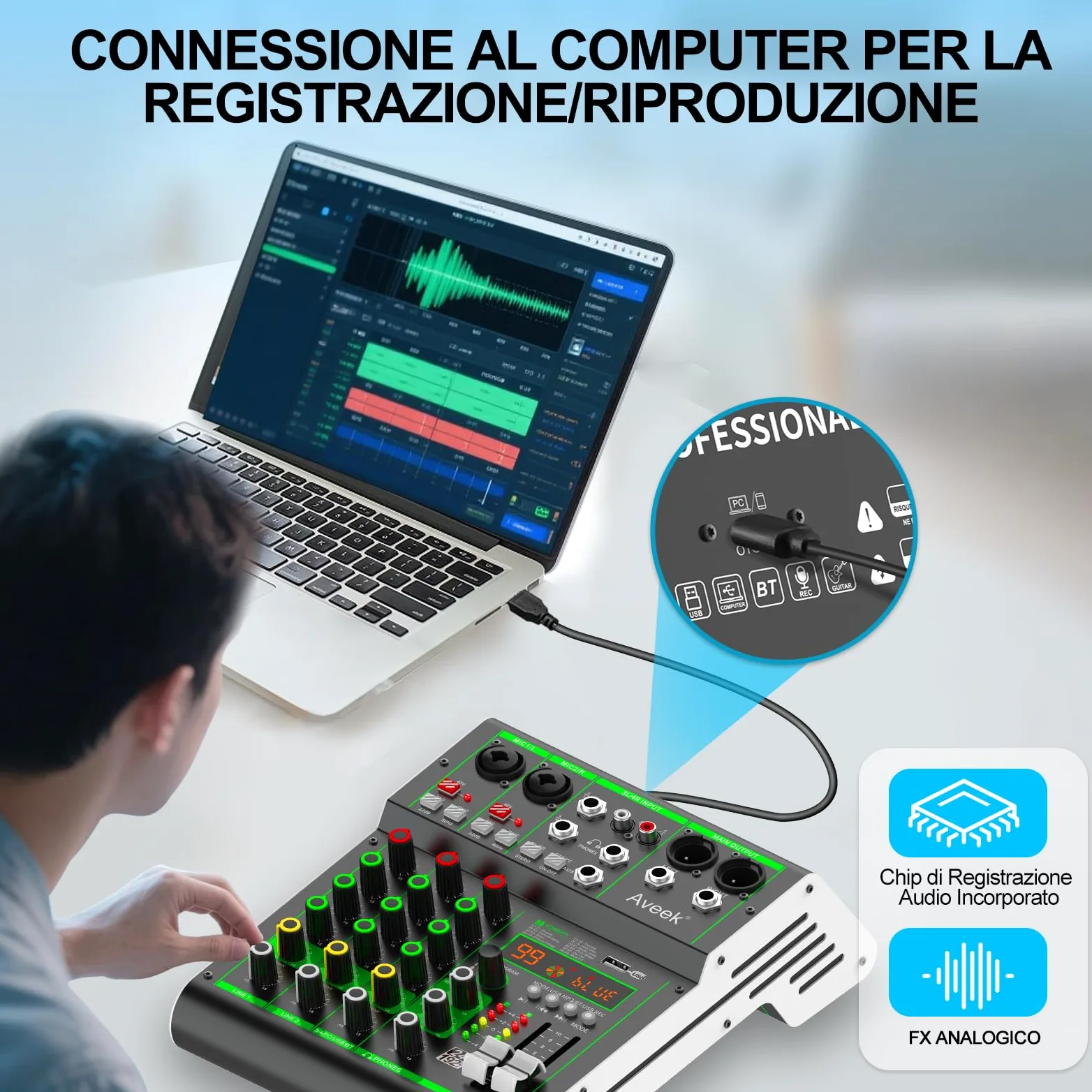 Aveek Mixer Audio, Console di Mixaggio Professionale con Ingresso USB/Bluetooth/Computer/4 Canali Stereo DJ Mixer, 48V Phantom Digital 99 DSP Effect per PC Registrazione Karaoke Studio Streaming