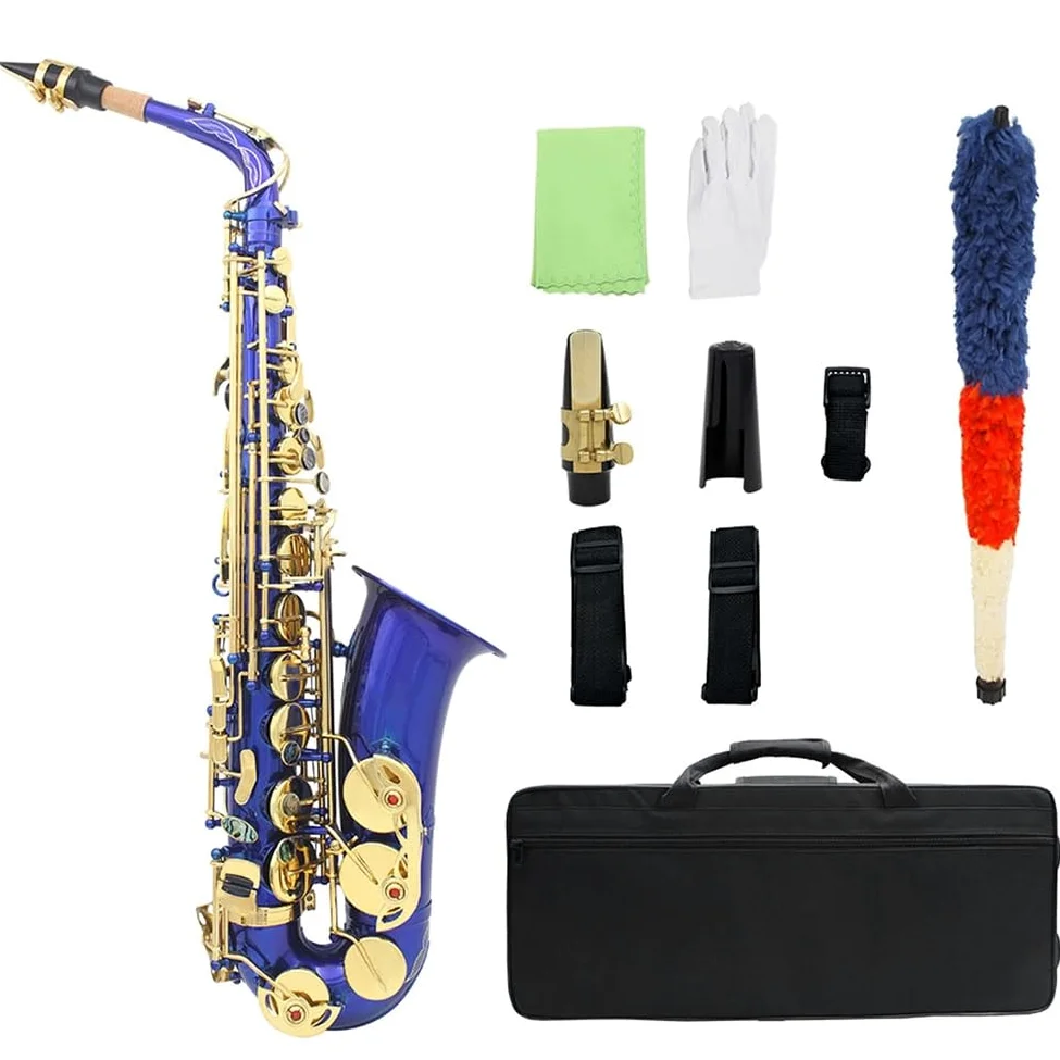 Sassofono contralto Ottone Lacca blu E Sax piatto Strumento musicale a fiato intagliato a mano per principianti per suonare strumenti musicali