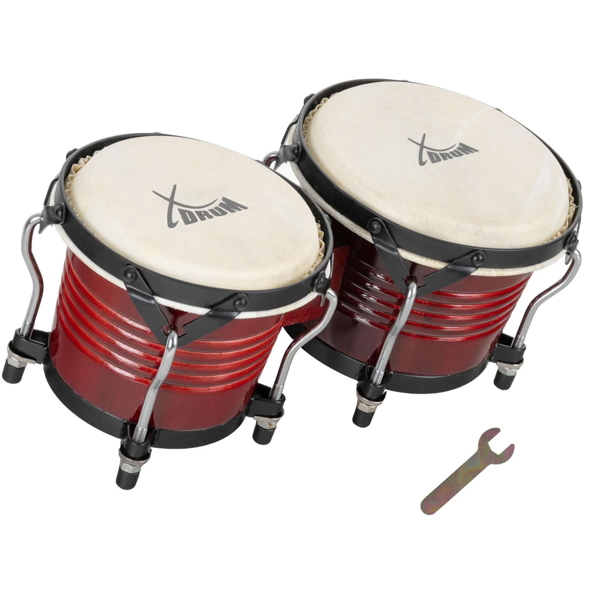 XDrum Bongos Pro Rosso Vino - 2 Tamburi con diametro 6,5" (17 cm) e 7,5" (20 cm) - Bonghi con pelli naturali accordabili, chiave di accordatura e supporto - Tamburi in legno rossi