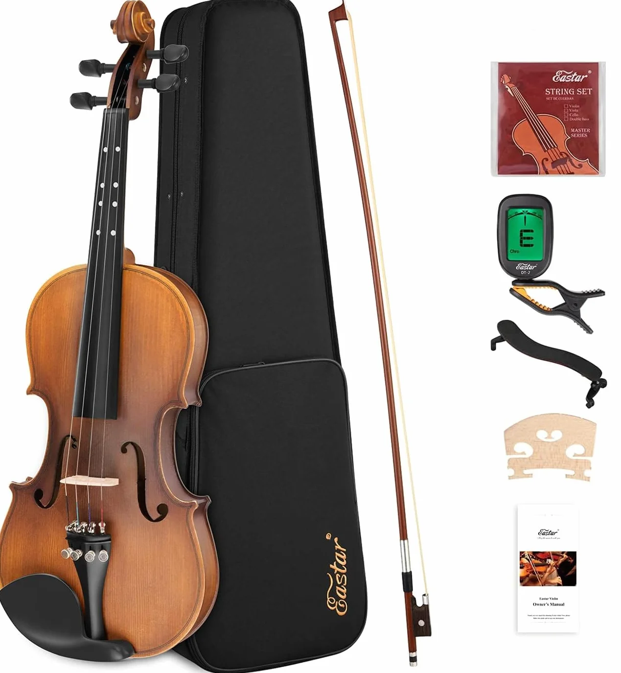 Il violino Eastar EVA-3 4/4 presenta una finitura opaca ed è adatto a principianti adulti. Viene fornito con custodia rigida, spalliera, archetto, accordatore e corde di ricambio.