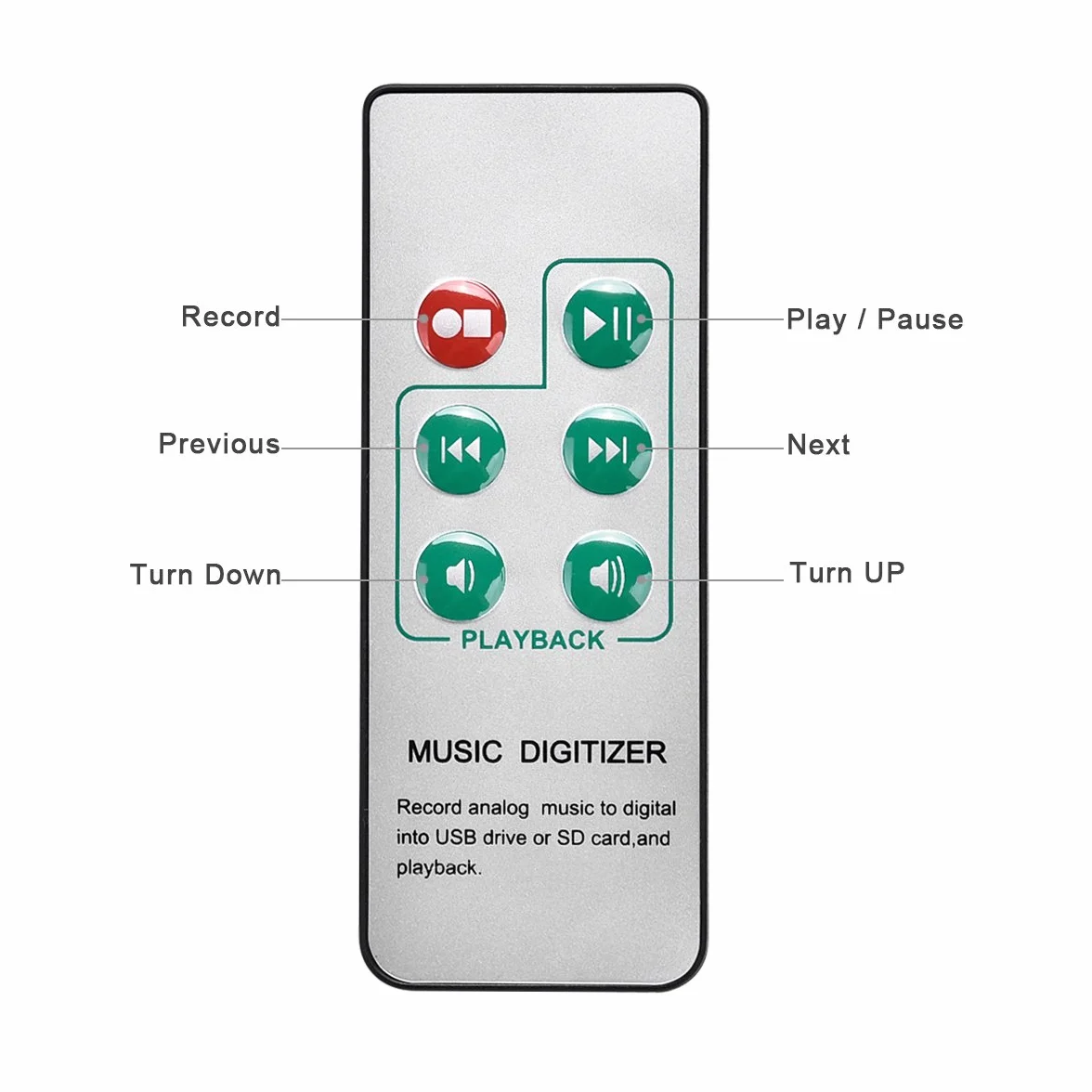 Registratore e convertitore audio, da qualsiasi formato a file MP3, con porte d’ingresso da 3,5 mm e RCA, dotato di telecomando