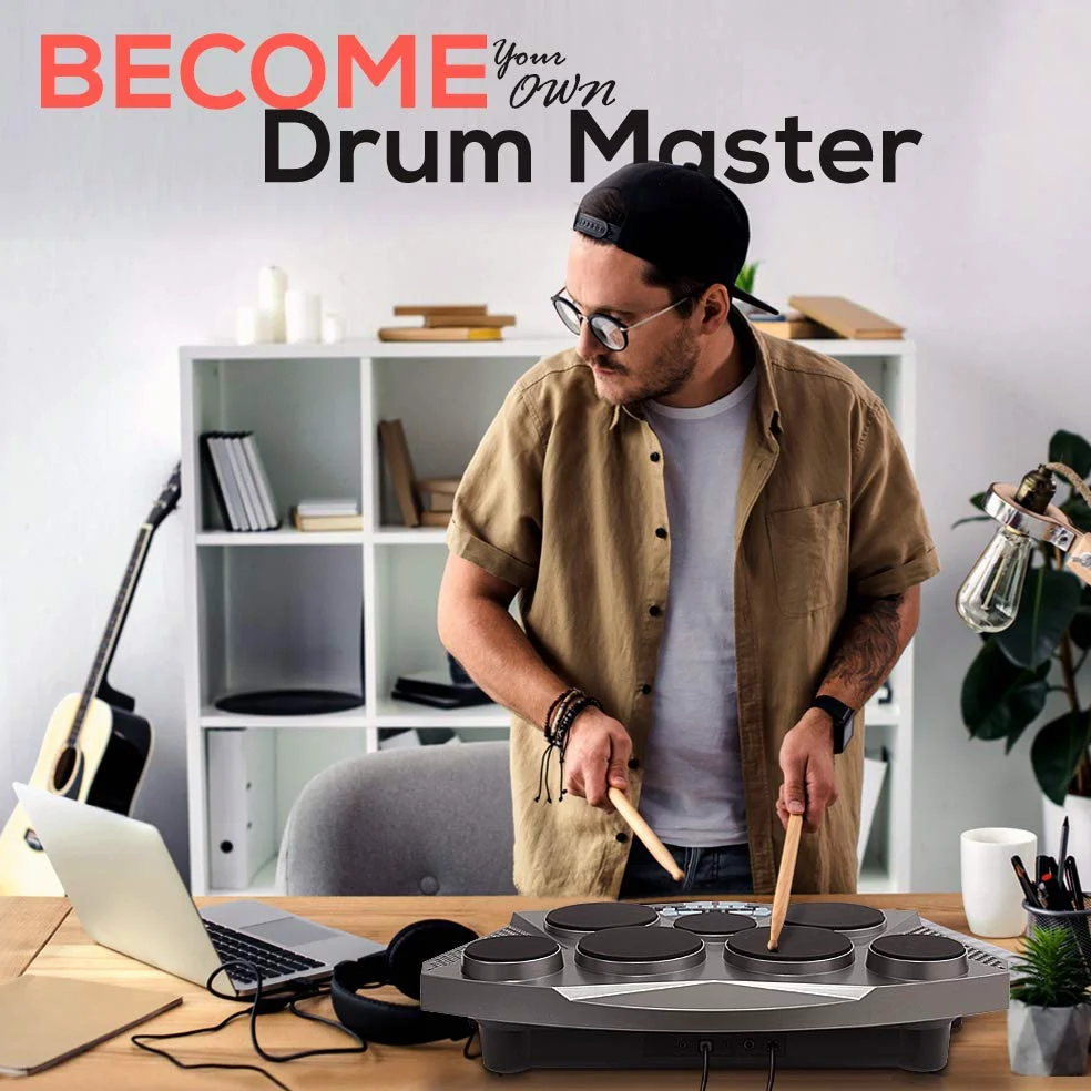 Pyle Pro Electronic Drum Kit - Batteria elettrica portatile da tavolo con pannello digitale, 7 pad per batteria, controller per pedale Hi-Hat/Kick Bass USB AUX - Tom-Toms, Hi-Hat, rullante, piatti