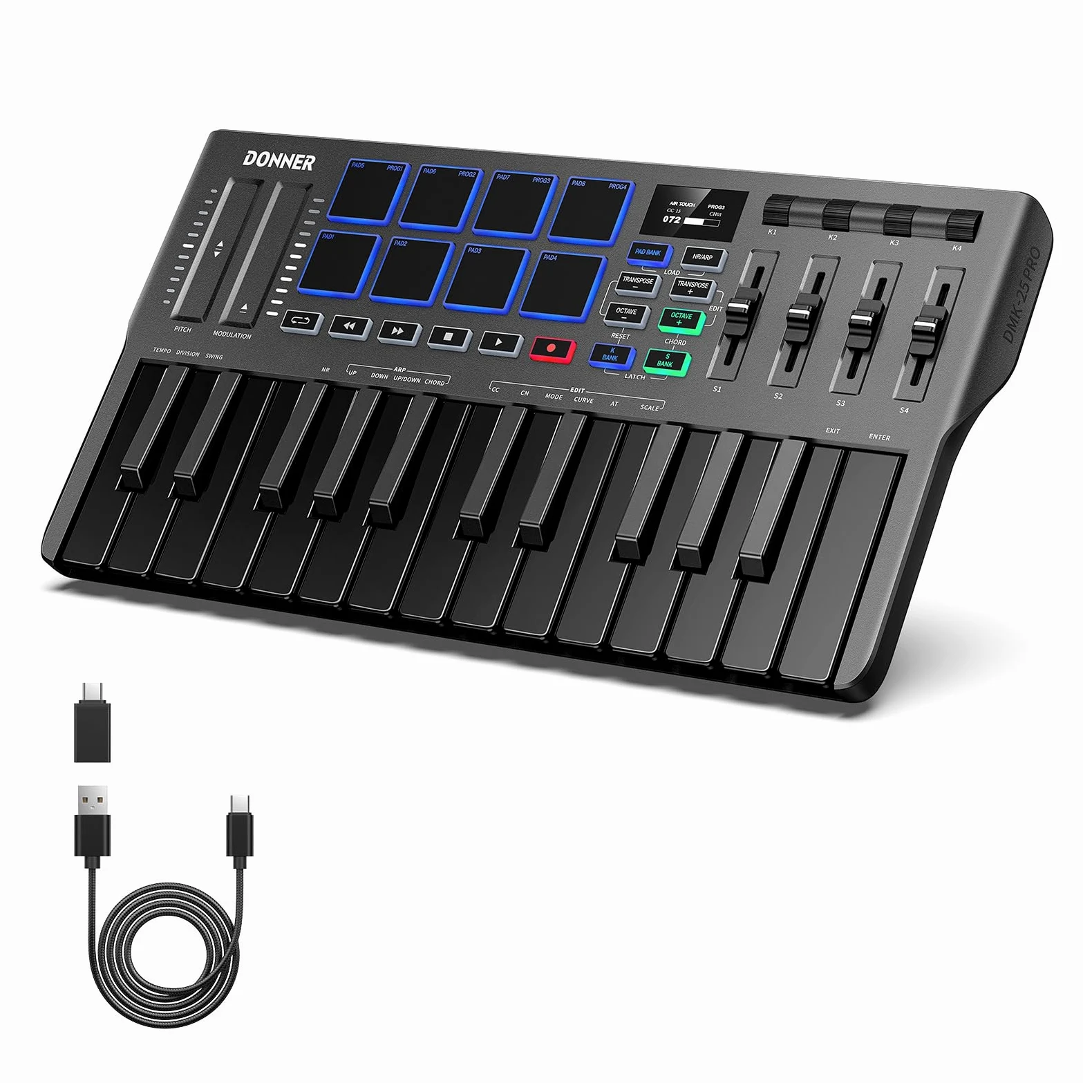 Donner Controller Tastiera MIDI USB-C, Tastiera MIDI Mini Portatile a 25 Tasti con 8 Drum Pad, Display OLED, 16 Scale Smart, Arpeggio, Replay, 4 Software DAW e 40 Corsi Didattici, DMK 25 Pro Nero