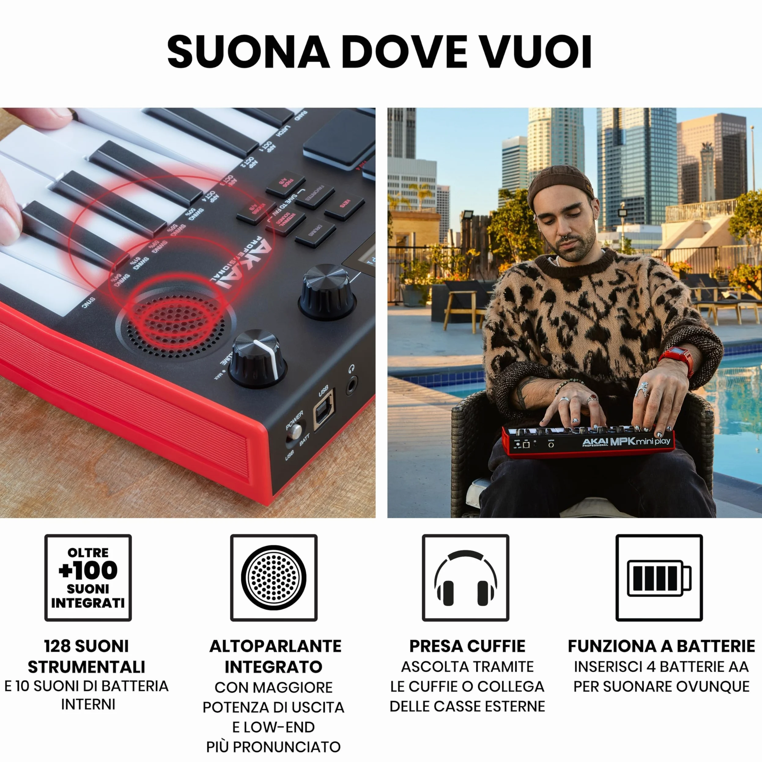 Akai Professional MPK Mini Play MK3 - Tastiera MIDI Controller USB con Casse e Suoni Interni, Tastiera Dinamica, Pad MPC, Suite Software e Native Instruments Sound Package