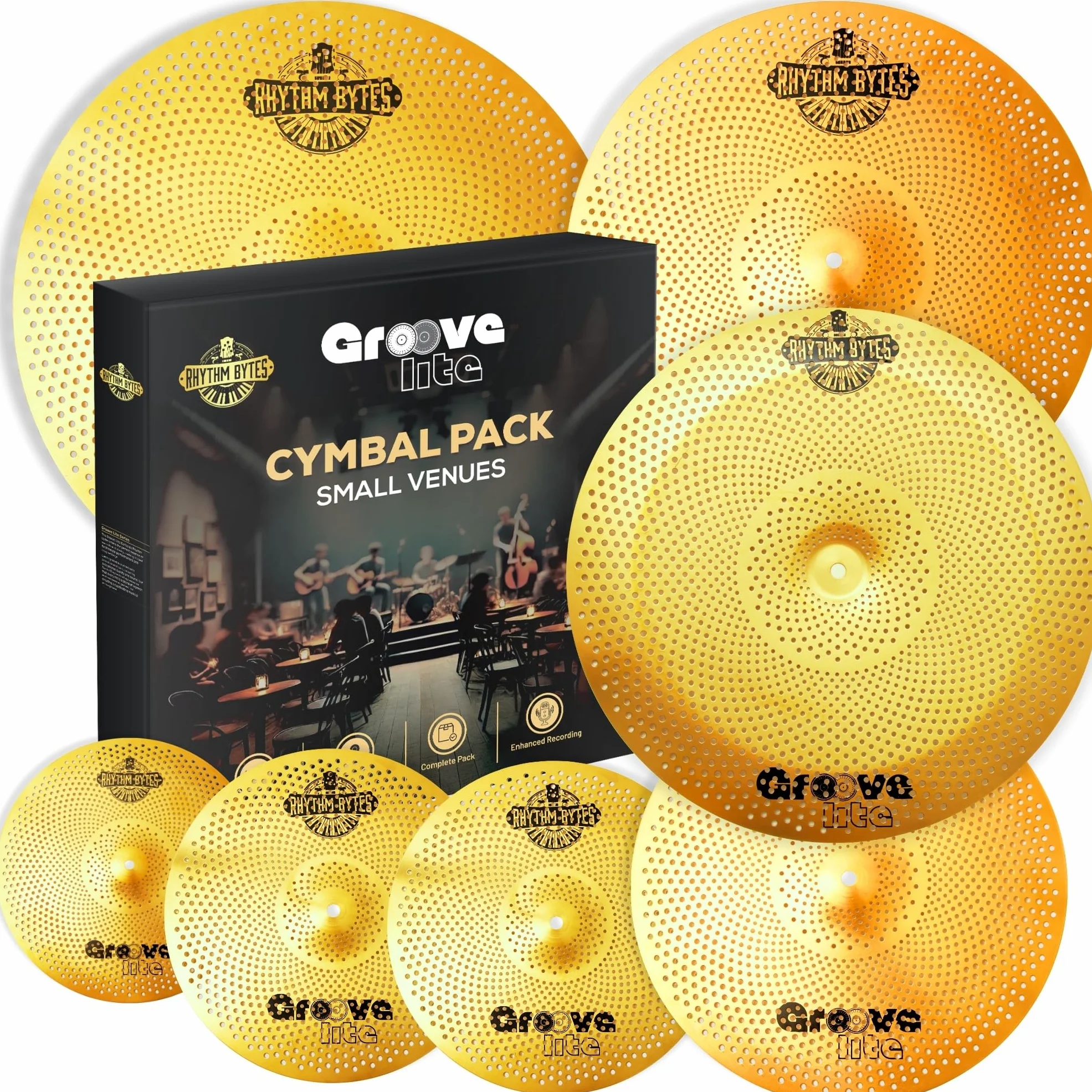 Rhythm Bytes Confezione di piatti con cuscinetti per sordina per batteria, set da 12 piatti e silenziatori per batteria, piatti silenziosi da 14"/16"/18"/20", sordina per batteria Pak da