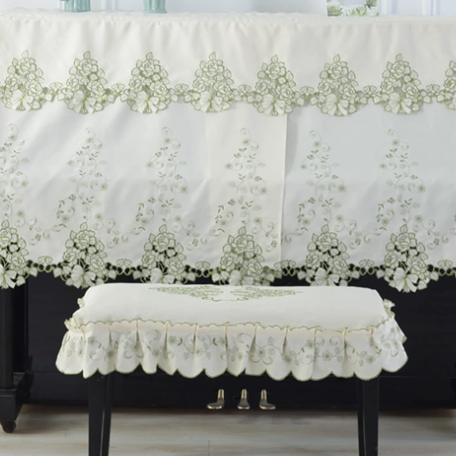 Mezza Copertura per Pianoforte Verticale, Copri Poncho per Pianoforte alla Moda di Lusso, Mezza Copertura Protettiva per Pianoforte Europeo,Green-with Double Stool Cover