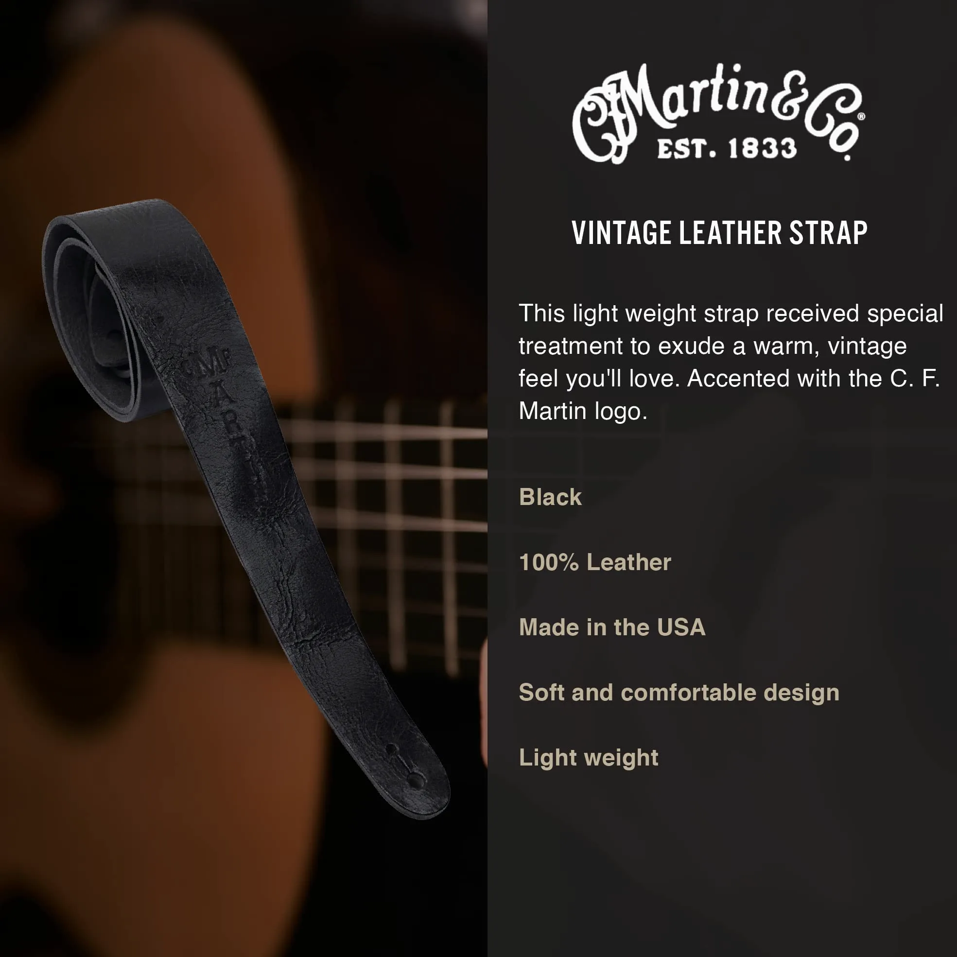 Martin & CO. – Tracolla Vintage Leather per Chitarra Acustica/Elettrica – Pelle Nera – Larghezza 5,4 cm – Lunghezza 137 cm – Made in USA (18A0064)