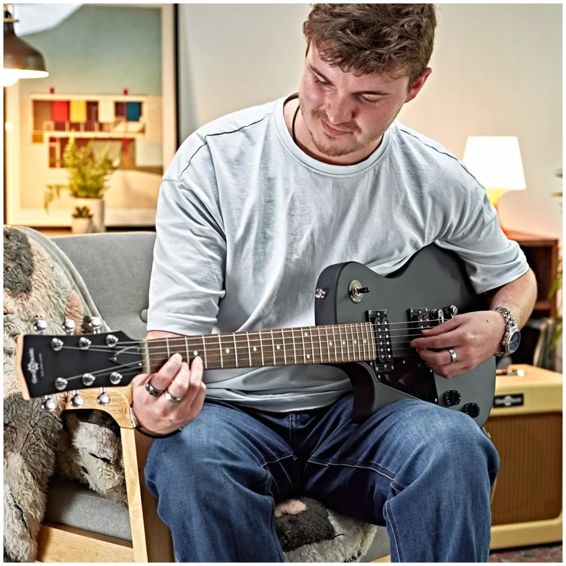 New Jersey Pacchetto di Chitarra Elettrica per Mancini, Nero | Manico Comodo e Corpo Leggero, Ampli Portatile con EQ 2 Bande e Uscita Cuffie, Set Completo di Accessori Incluso