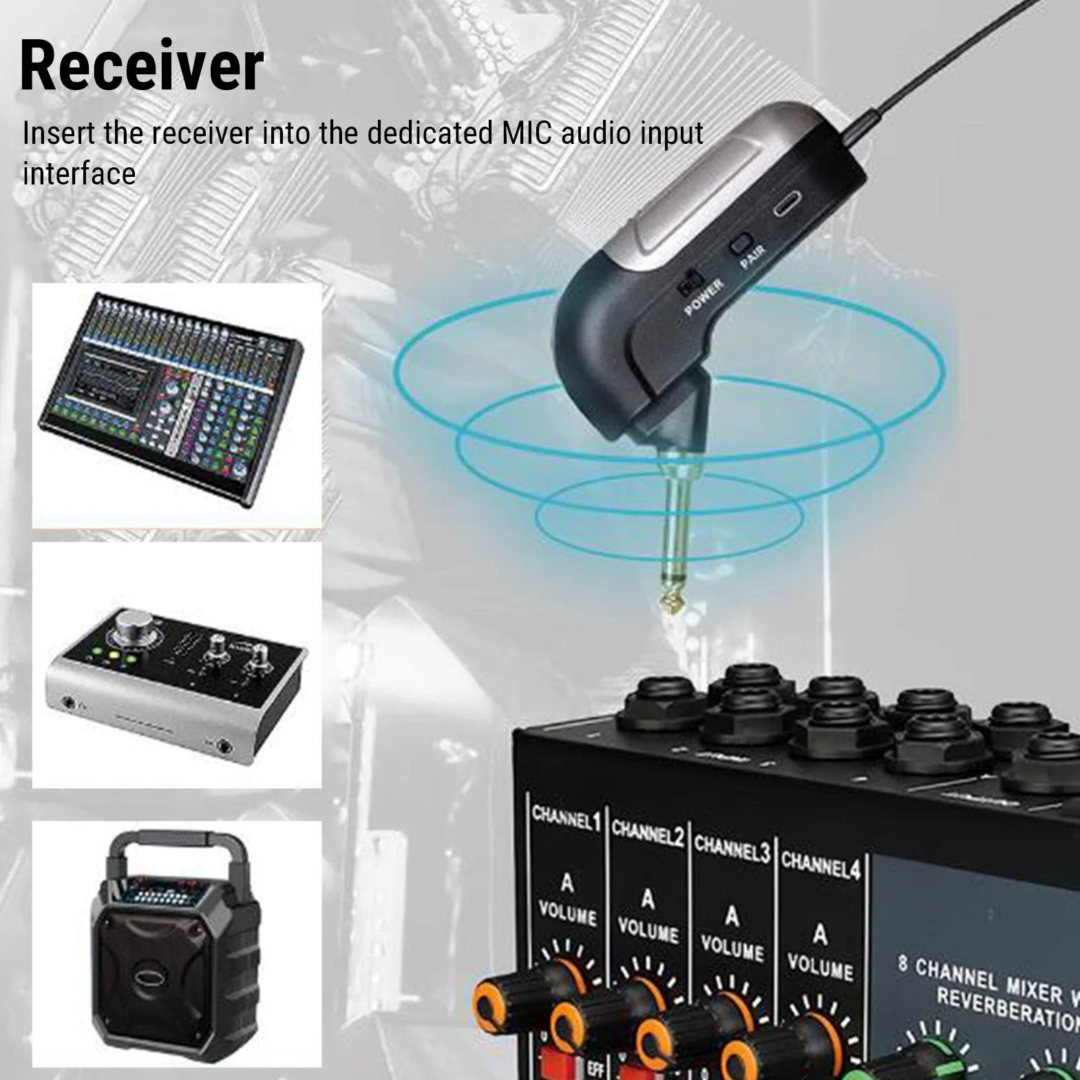 Jectse Microfono per Fisarmonica Wireless UHF, Raccolta a 360 Gradi, Suono Chiaro, Riduzione del Rumore, Durata della Batteria di 30 M, 6 Ore, con Ricevitore, per Spettacoli Sul Palco,