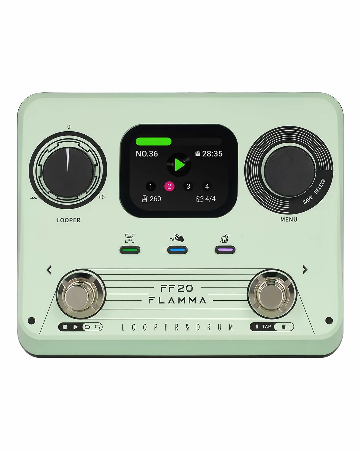 FLAMMA FF20 Looper Drum Machine, Drum Looper Chitarra Pedale con schermo, Registrazione 300 min, 220 scanalature per batteria, 100 slot loop, Time Stretch, registrazione automatica, USB e uscita