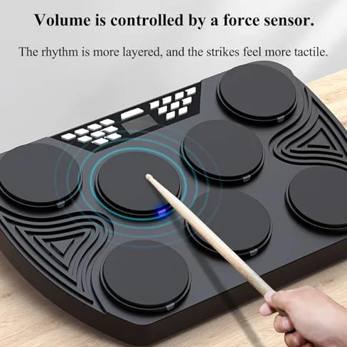 Batteria elettronica con 7 pad sensibili alla velocità e 2 altoparlanti stereo integrati, ideale per principianti e bambini in età scolare