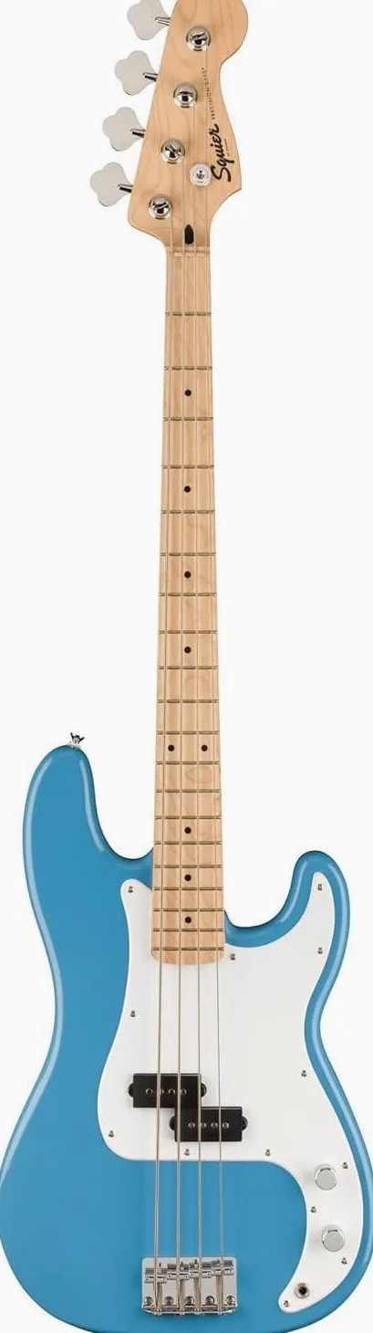 Squier P-Bass MN California Blue - 4-String Electric Bass | Basso elettrico per principianti, 4 corde, qualità Fender conveniente, finitura blu californiana, tastiera in acero