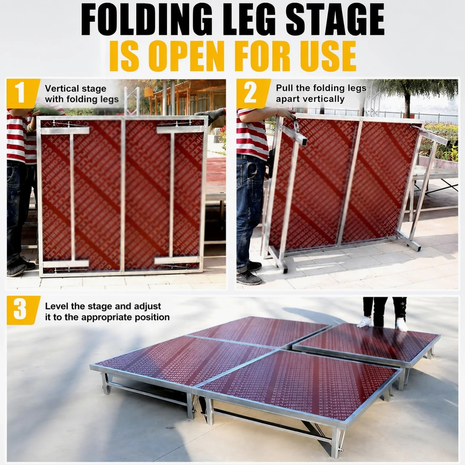 Palco pieghevole e portatile, portata 500 kg, gambe pieghevoli, design modulare per concerti, DJ, feste ed eventi(100x128x30cm/39.4x50.4x11.8in)