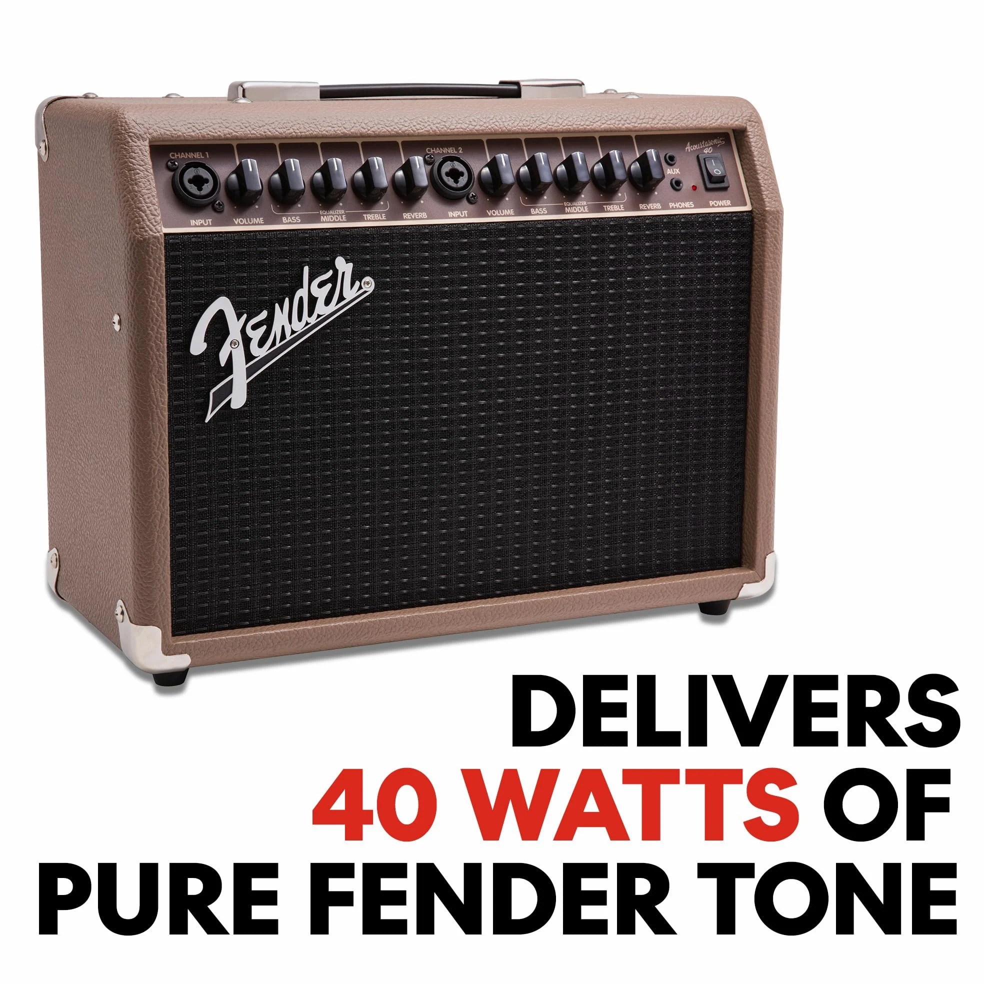 Fender Acoustasonic - Amplificatore per chitarra acustica, 40 Watt, portatile, con doppio altoparlante da 6,5", riverbero integrato, ingressi XLR/1/4", marrone/grano, con garanzia di 2 anni