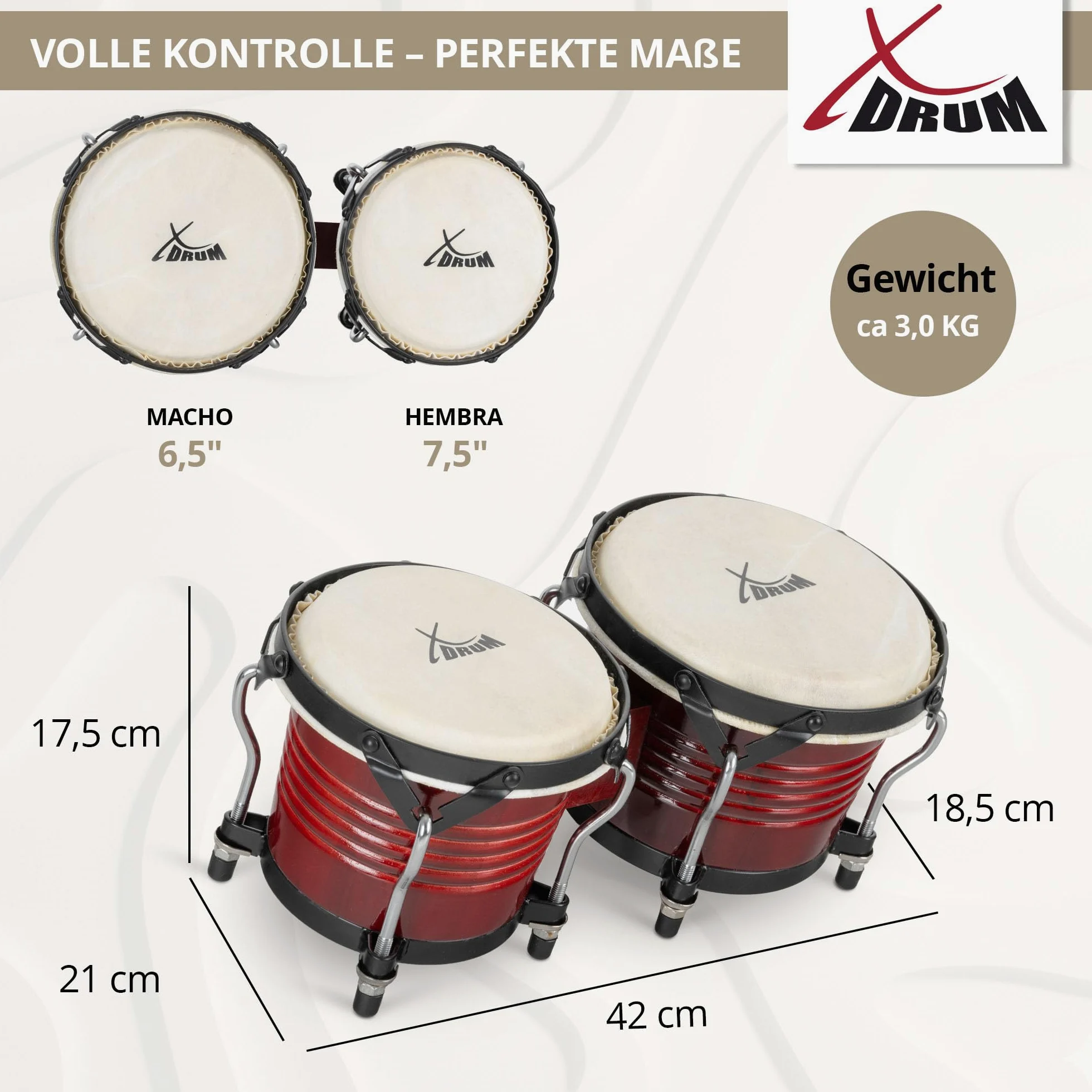 XDrum Bongos Pro Rosso Vino - 2 Tamburi con diametro 6,5" (17 cm) e 7,5" (20 cm) - Bonghi con pelli naturali accordabili, chiave di accordatura e supporto - Tamburi in legno rossi