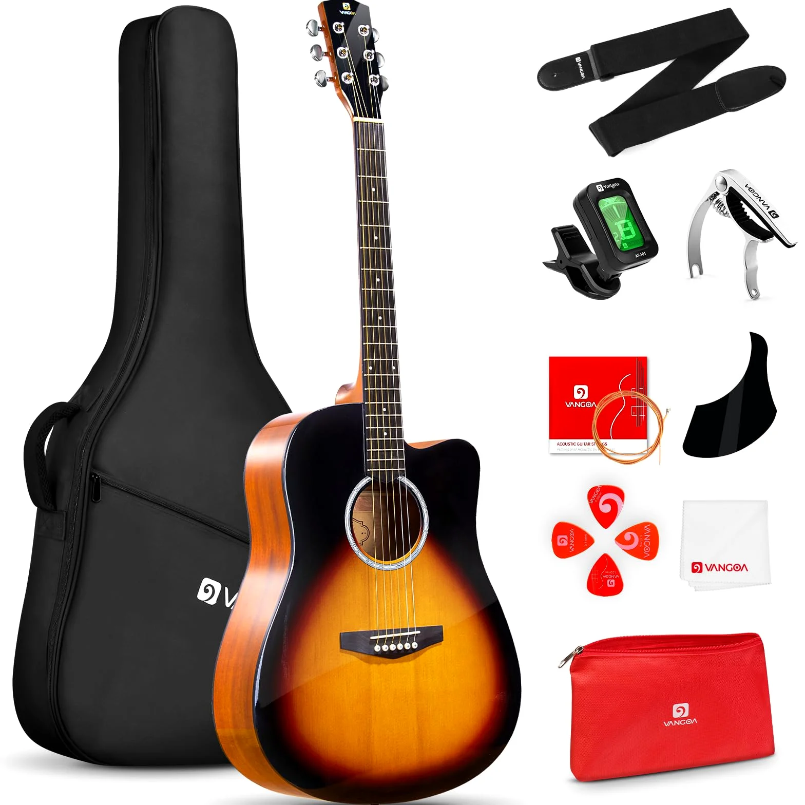Vangoa 4/4 Chitarra Acustica Kit Abete Rosso Legno Dreadnought Chitarra Folk Acustiche per Principianti Adulto Studente con Borsa Corde Plettri Capotasto Cinghia, Lucido, Sunburst